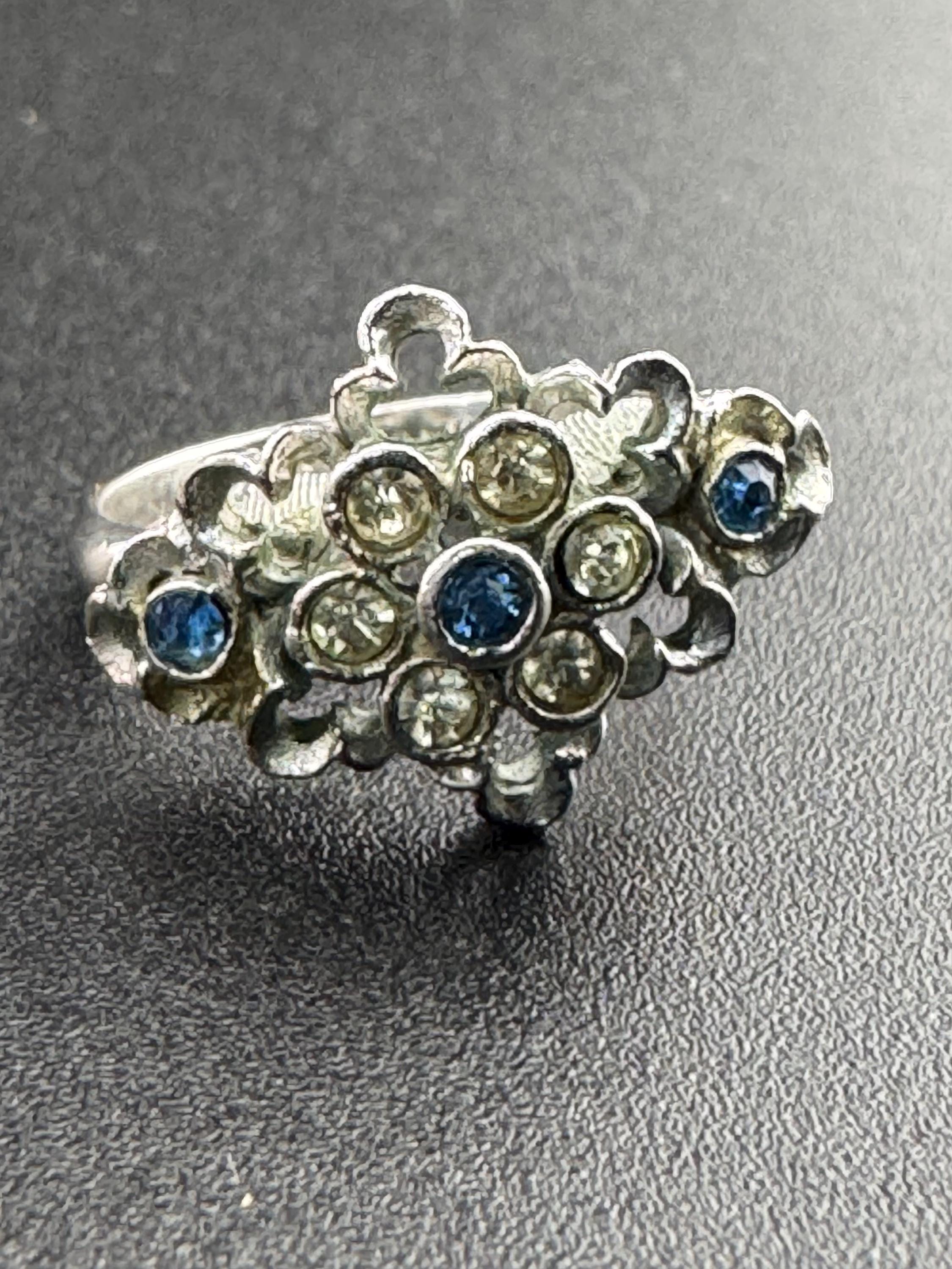 Sarah Coventry Silver Tone Cocktail Ring: Blue Rhinestone, Adjustable