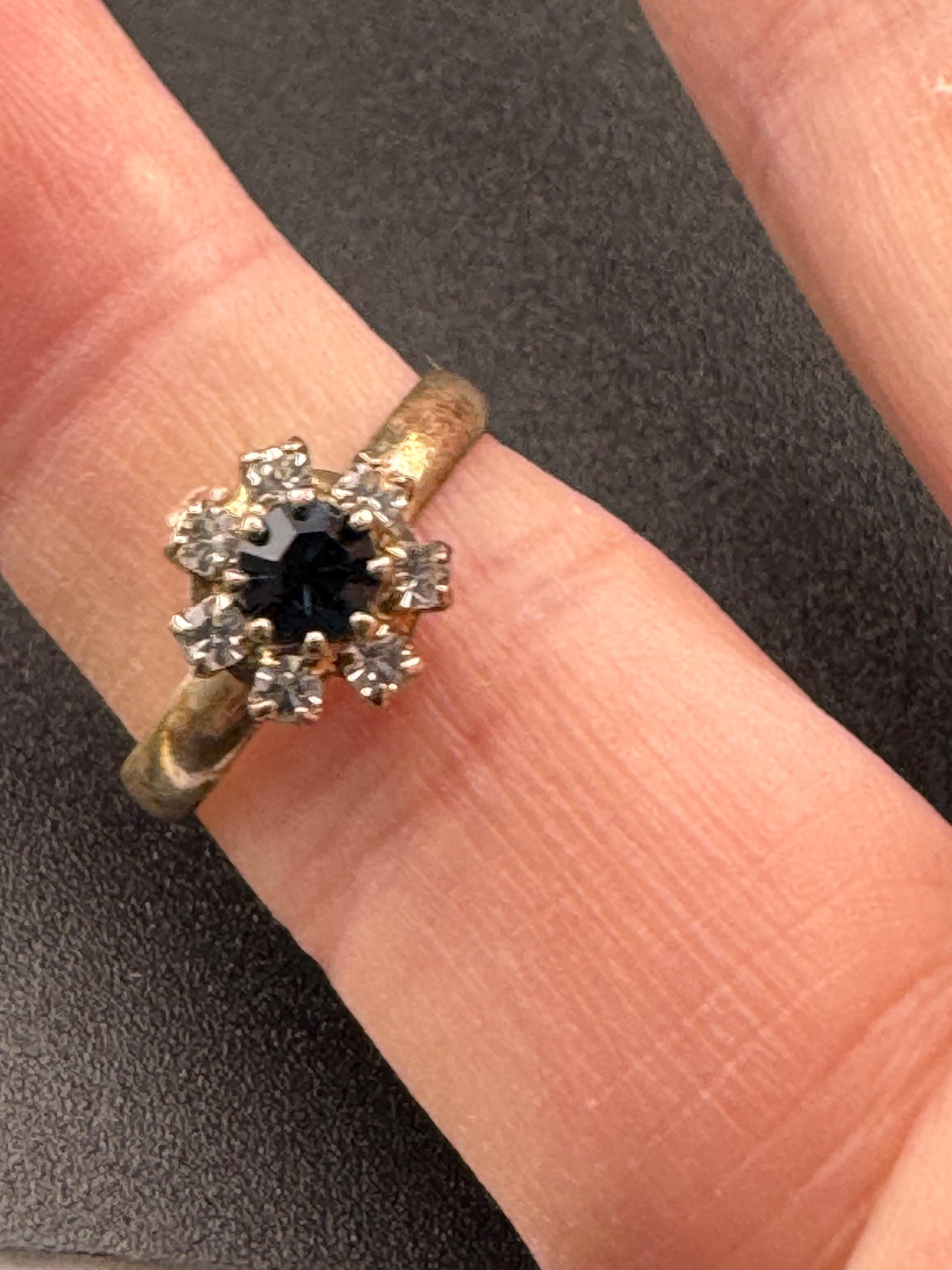 Dark Sapphire blue glass diamanté vintage dainty dress ring gold tone Adjustable mid century