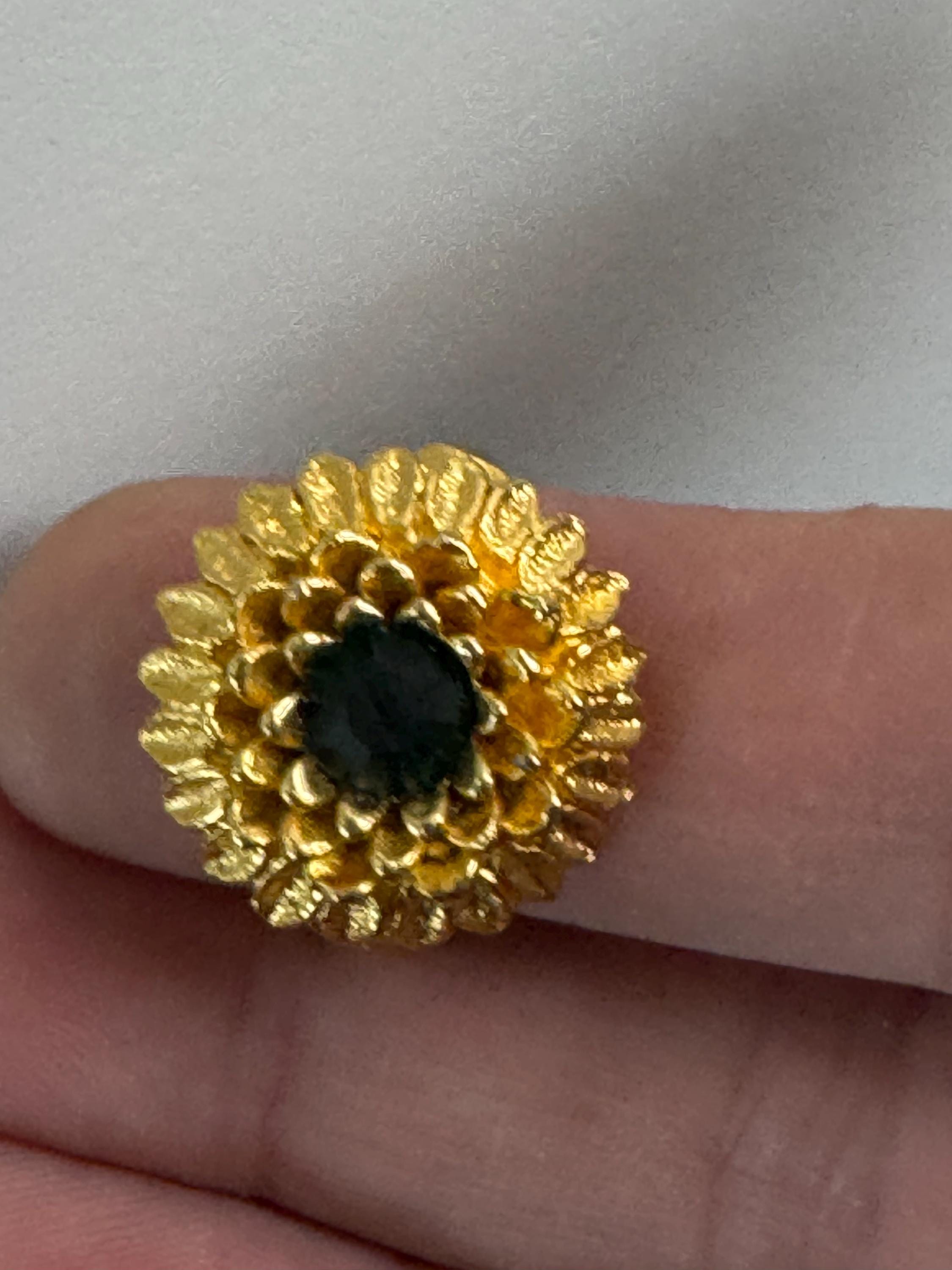 Dark Emerald green glass diamanté vintage cluster dress ring gold tone Adjustable mid century