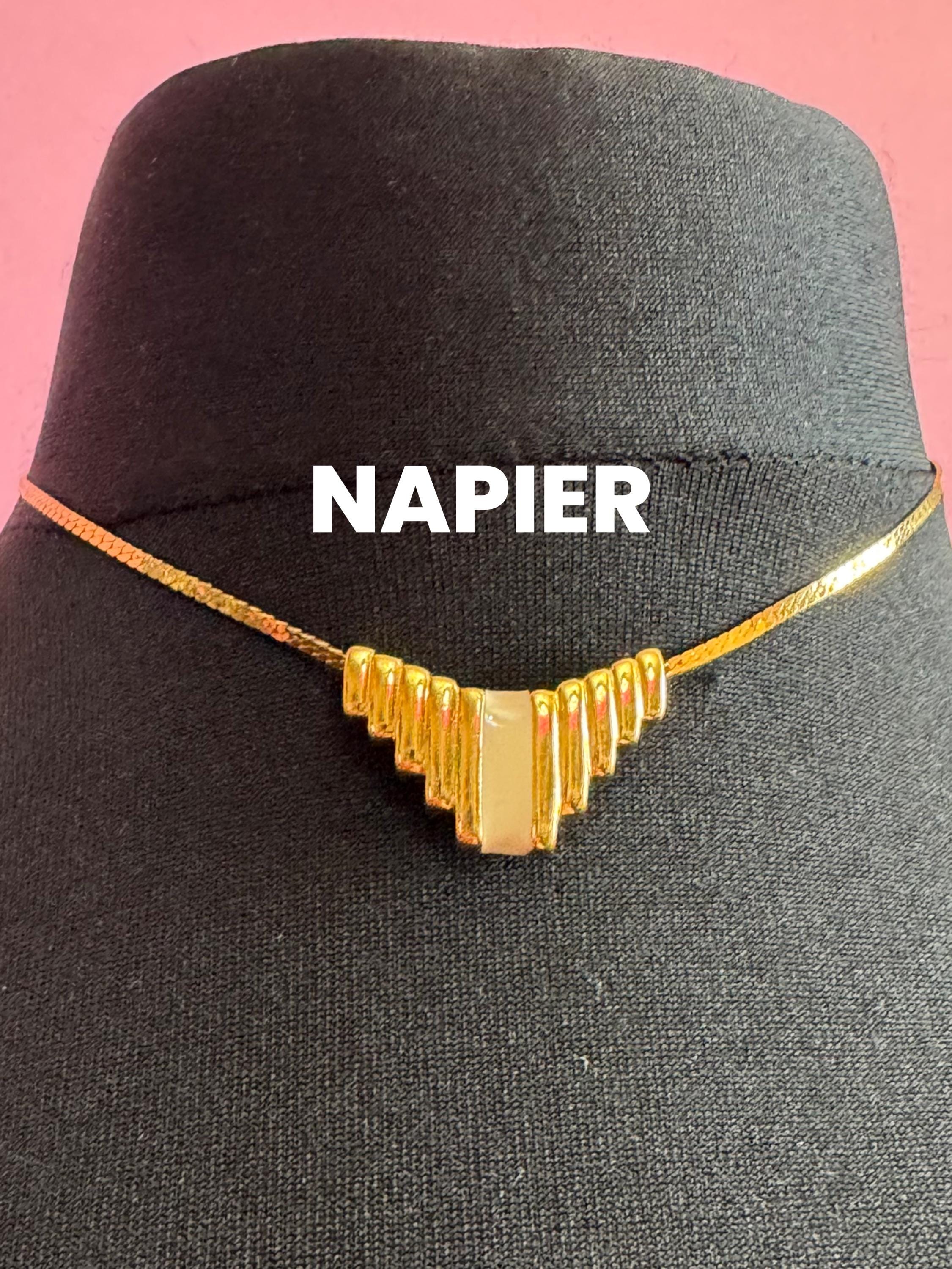 Vintage NAPIER Cream Enamel Choker: Gold Tone Flat Chain Necklace signed