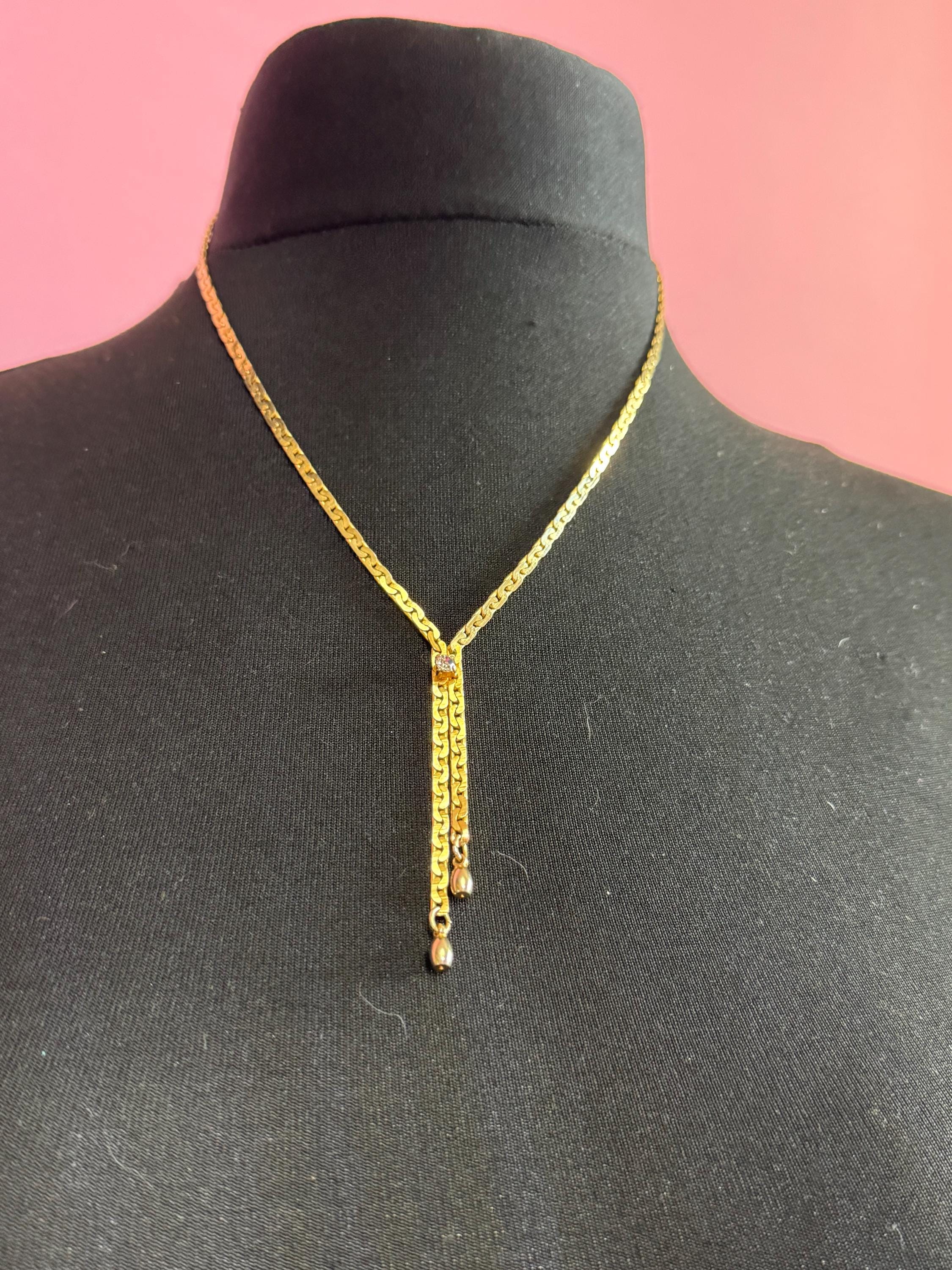Signed Napier Vintage gold fancy lariat tassel chain necklace with diamanté crystal