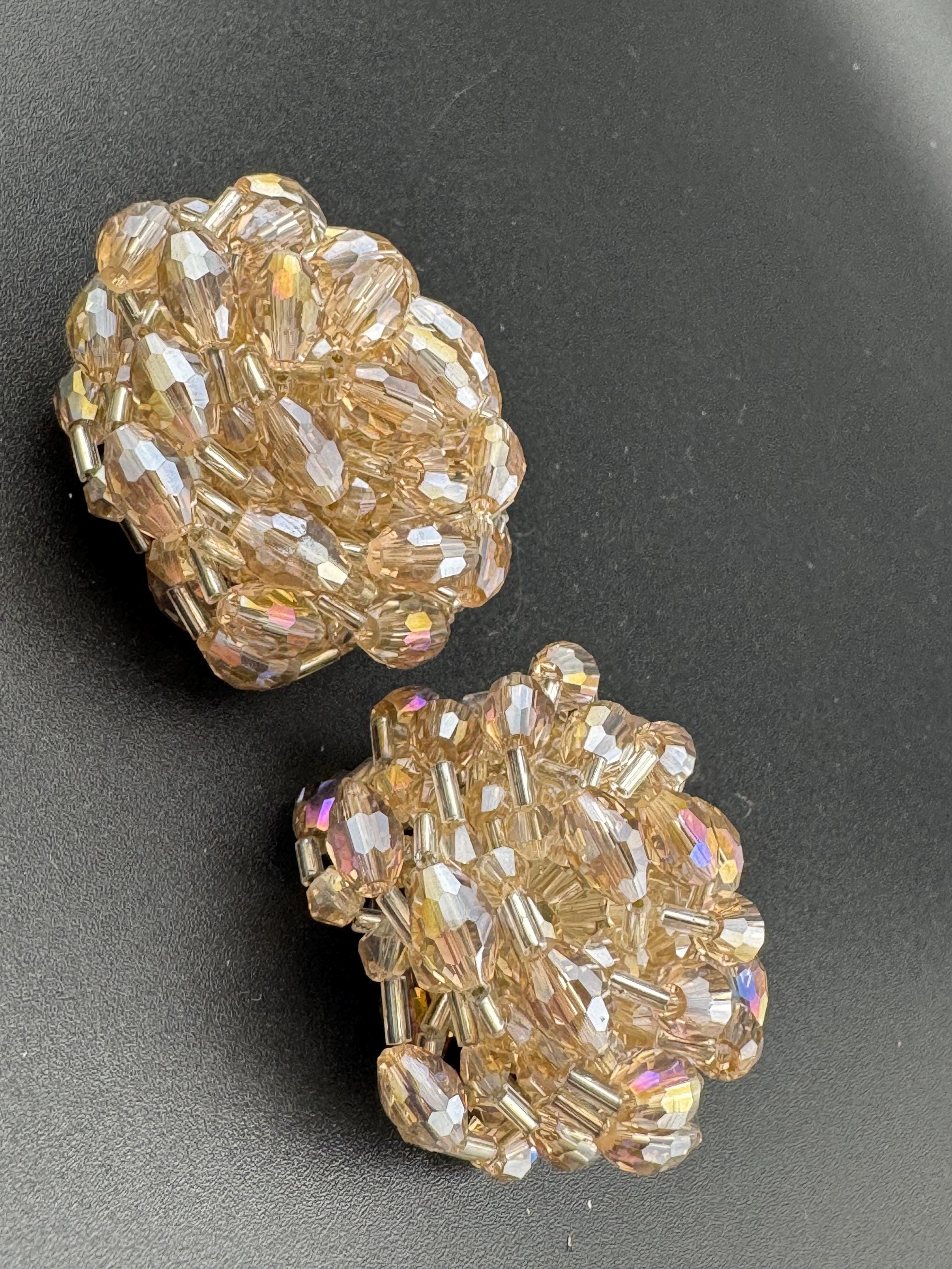 vintage taupe brown AB rainbow glass faceted Crystal beaded pair of shoe clips