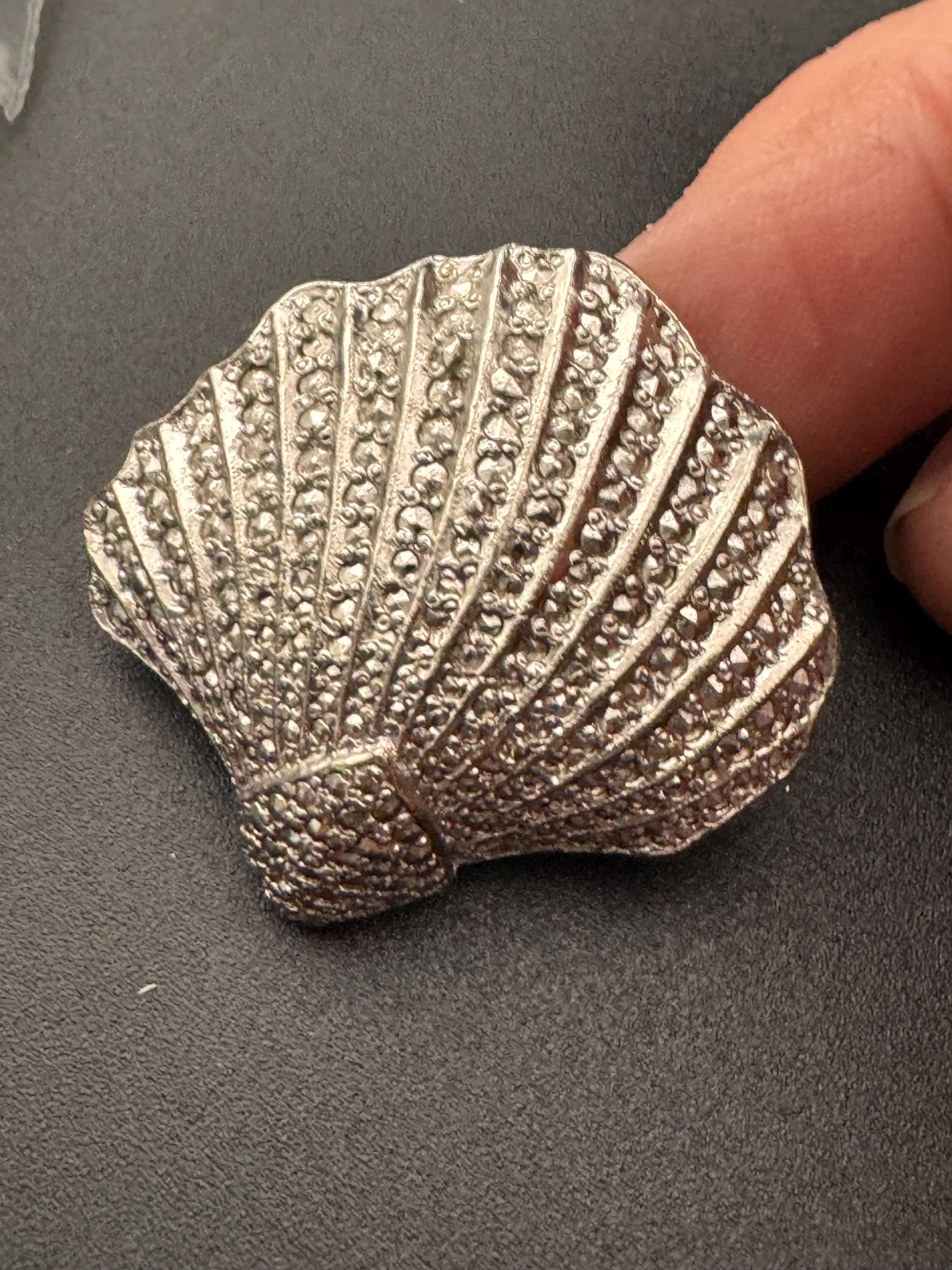 Nautical seashell brooch, faux marcasite silver tone clam shell