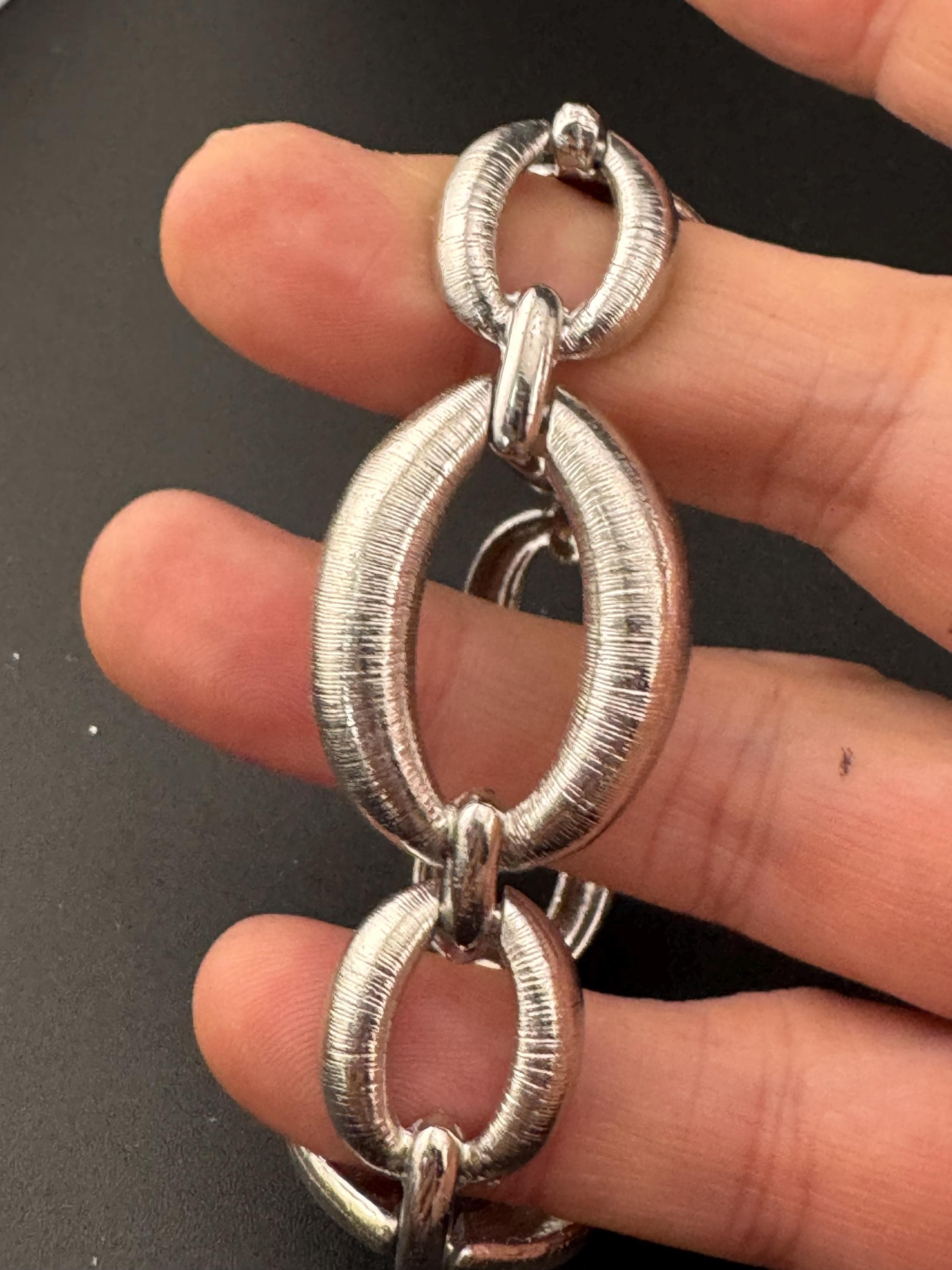 True vintage wide oversized silver tone textured panel link bracelet 18 x 22mm