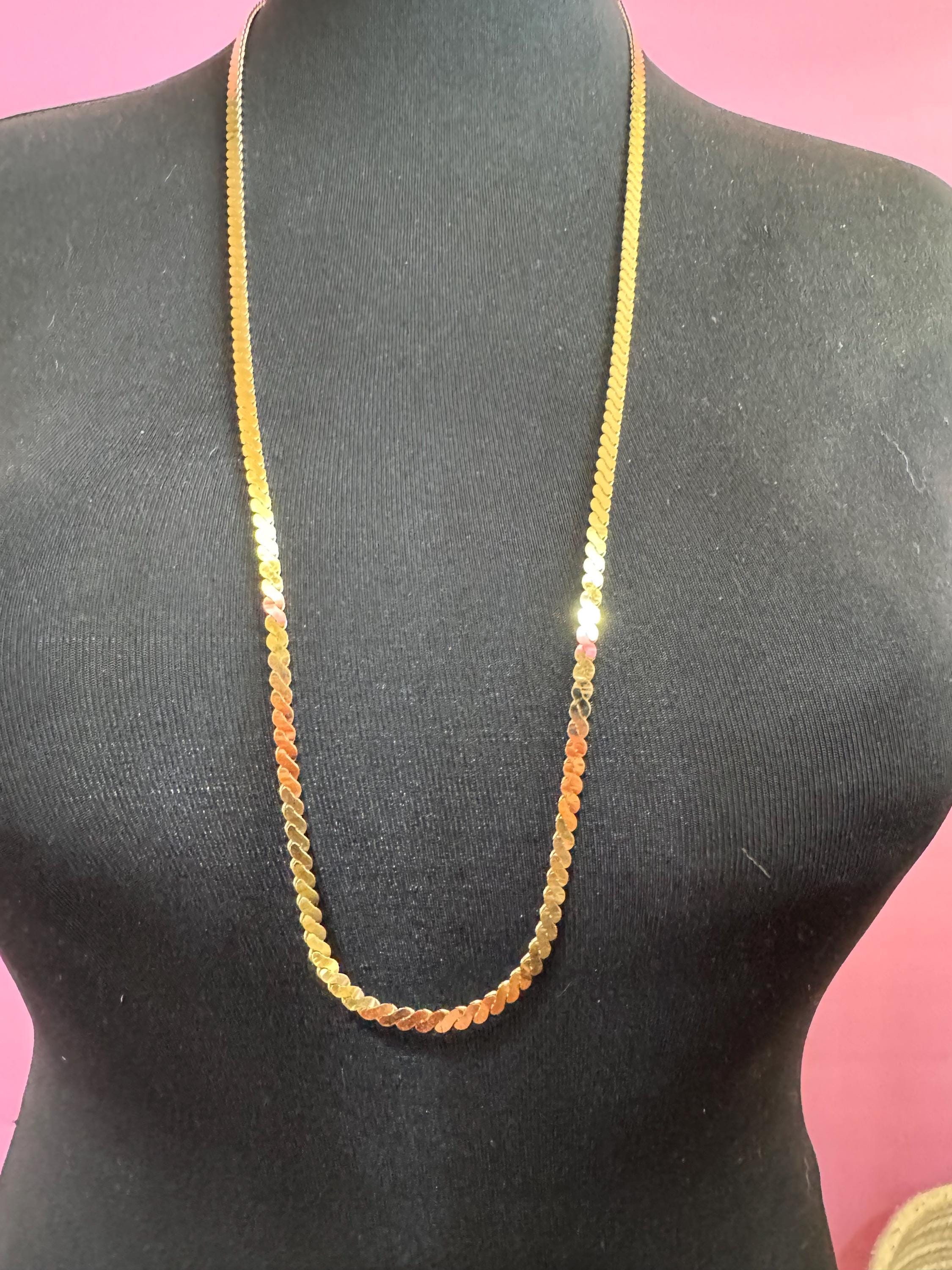 Vintage Gold Plated Serpentine Chain Necklace: 27" Long, Wide Layering