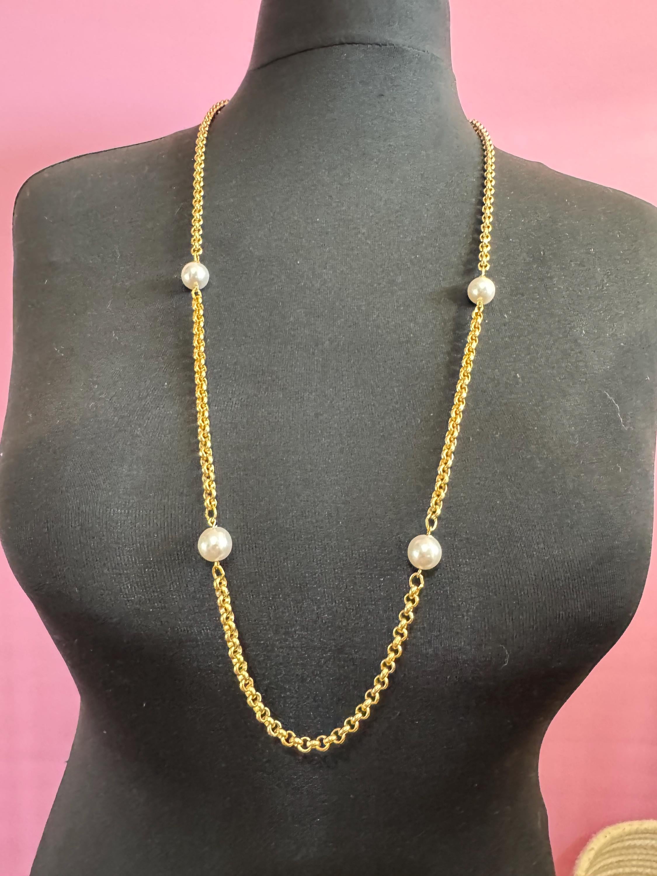 91cm 27” long 1980s thick gold plated belcher link faux glass pearl beaded station necklace
