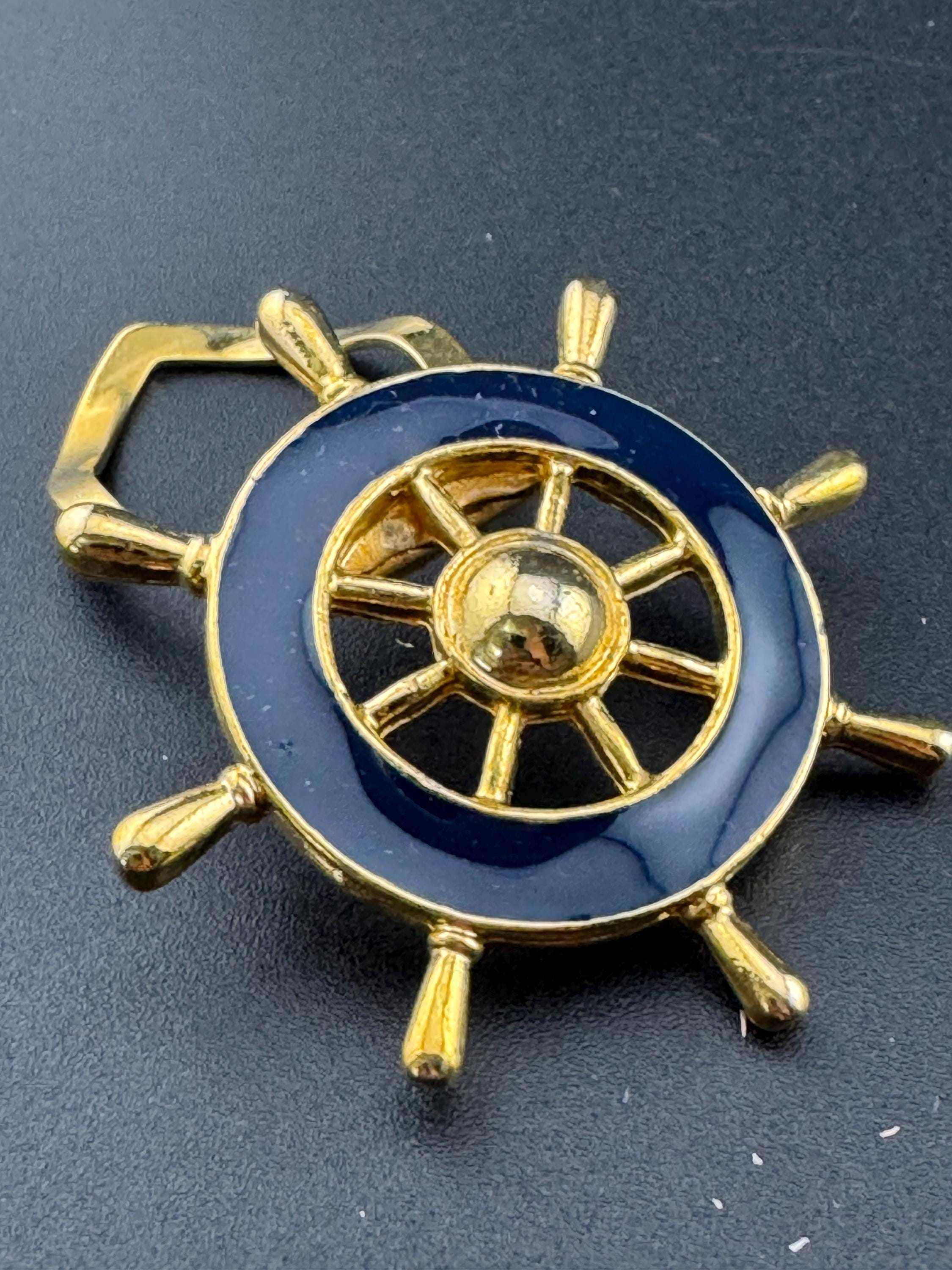 True vintage navy blue enamel gold plated nautical ships wheel Scarf Clip ring old shop stock