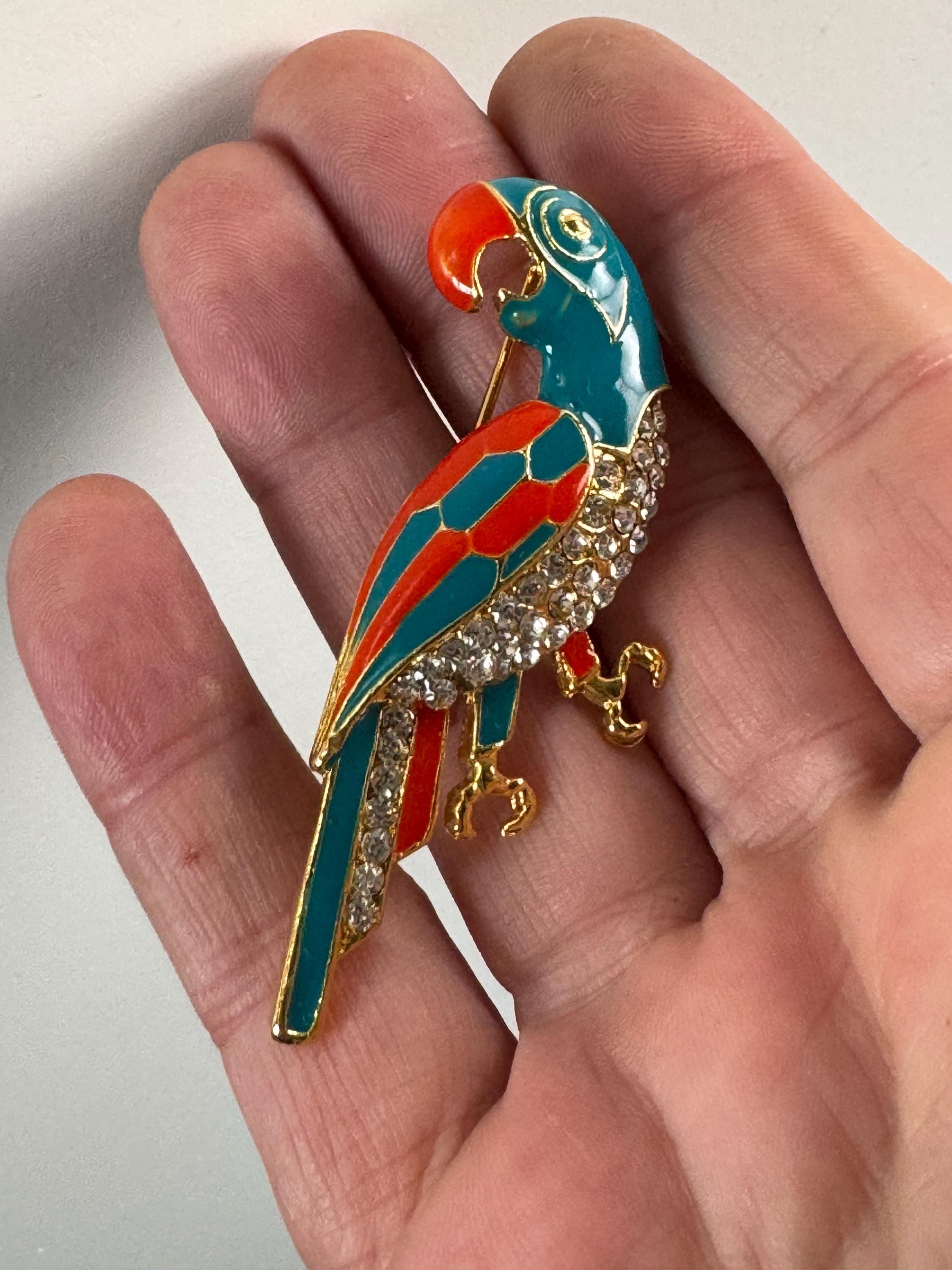 Vintage Tropical Parrot brooch set with Paste diamanté and blue orange Enamel gold tone metal 1980s