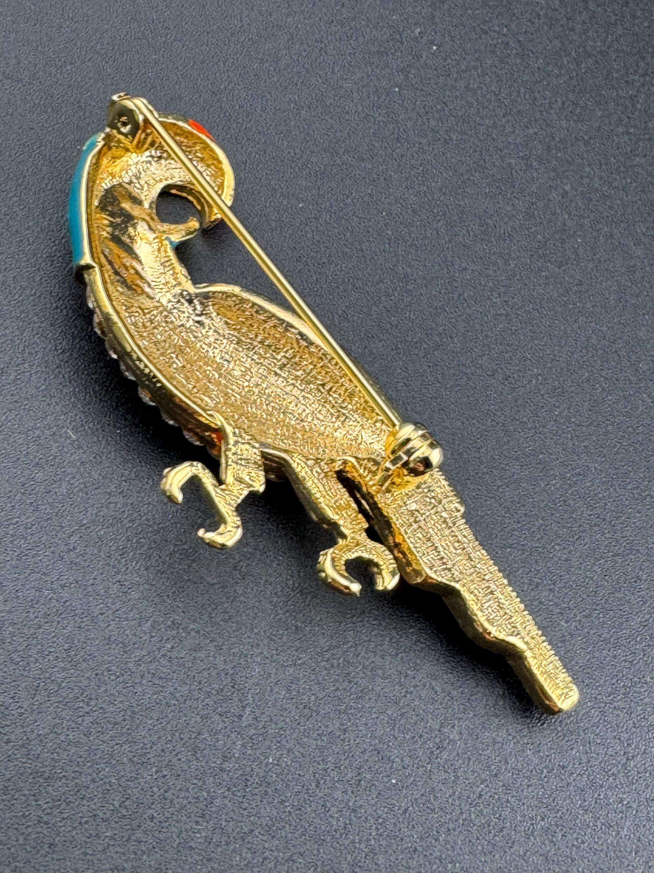 Vintage Tropical Parrot brooch set with Paste diamanté and blue orange Enamel gold tone metal 1980s