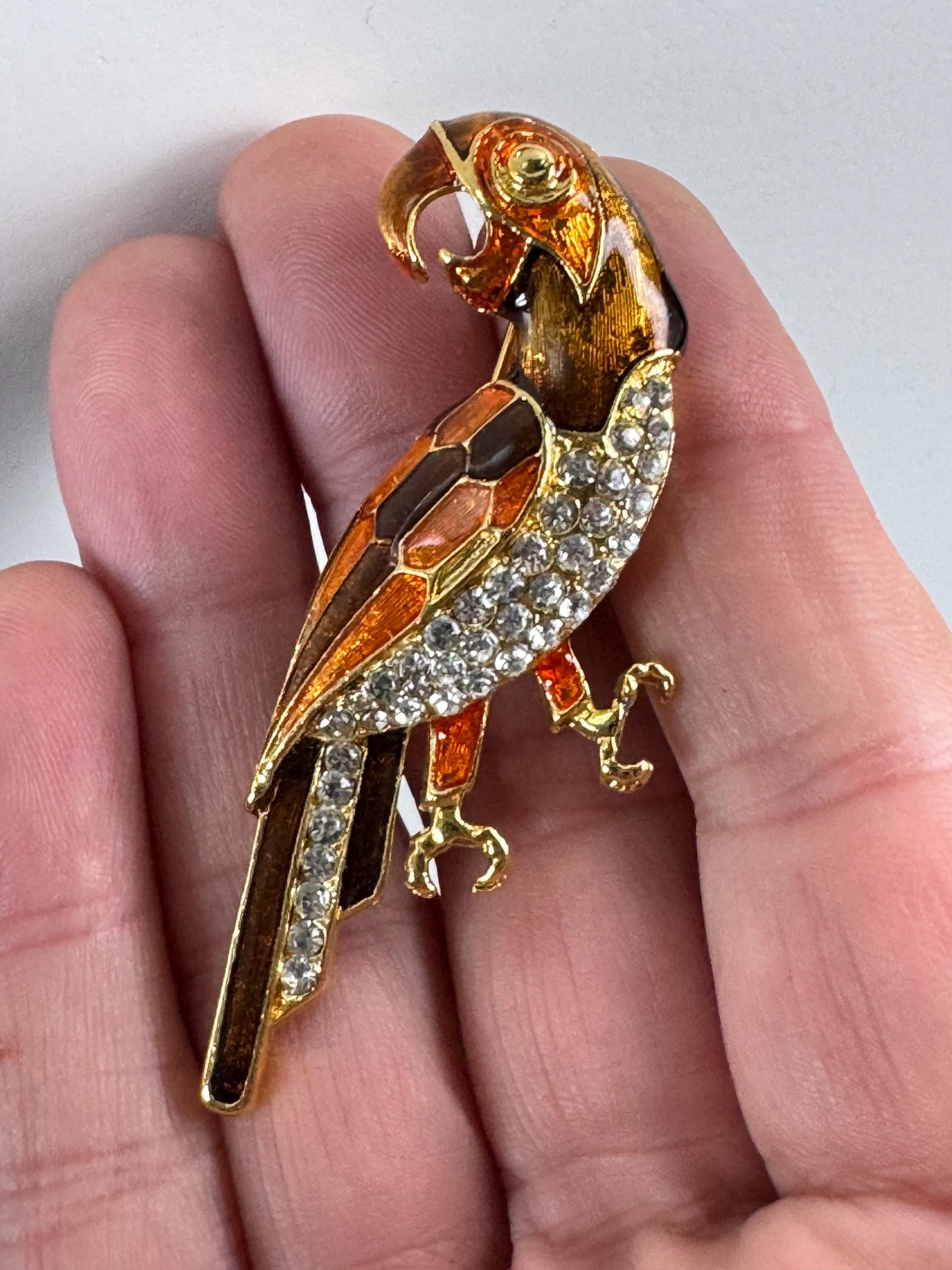 Vintage Tropical Parrot brooch set with Paste diamanté and brown orange Enamel gold tone metal 1980s