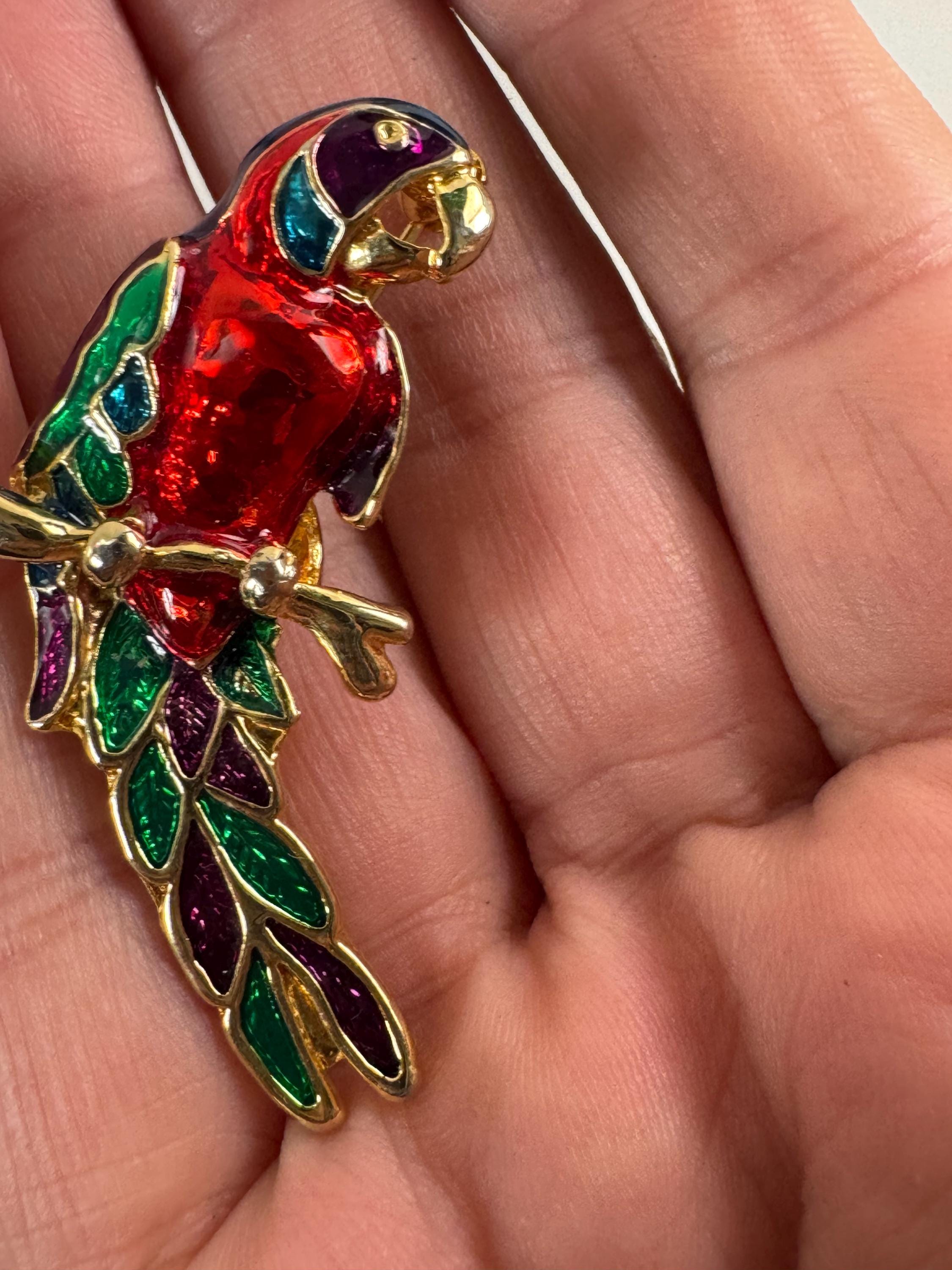 Vintage Tropical Parrot brooch set with Paste diamanté and red green Enamel gold tone metal 1980s