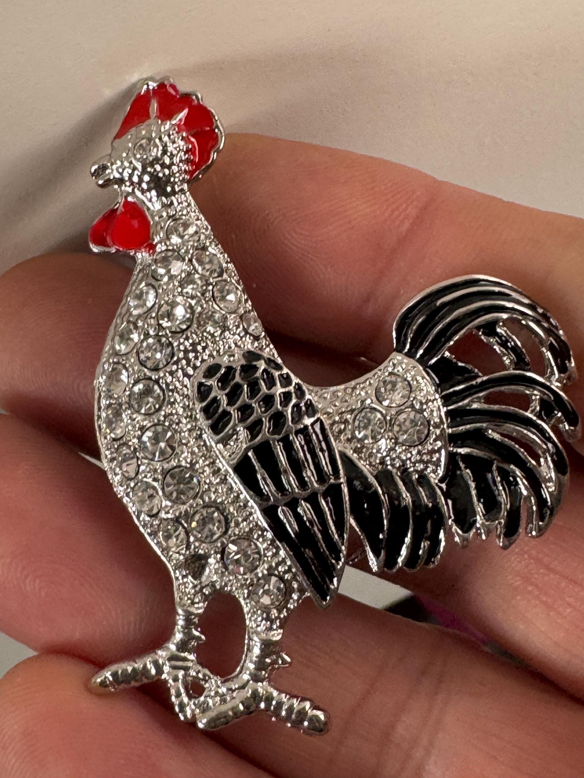 Retro silver tone red black enamel diamanté Cockerel Rooster Chicken brooch with roll clasp