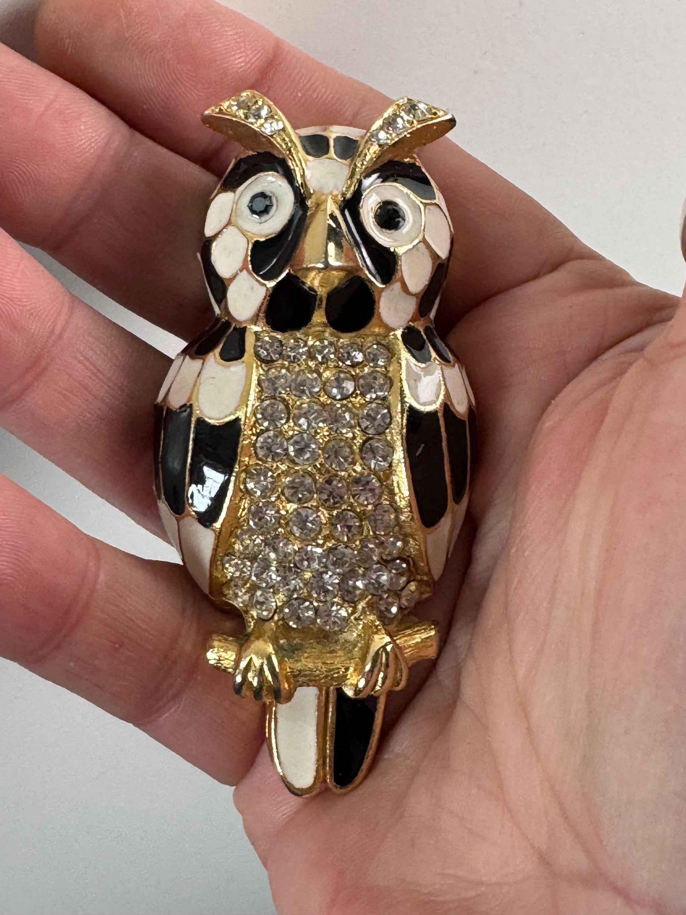 Vintage signed SARDA huge black and white enamel owl diamanté crystal brooch