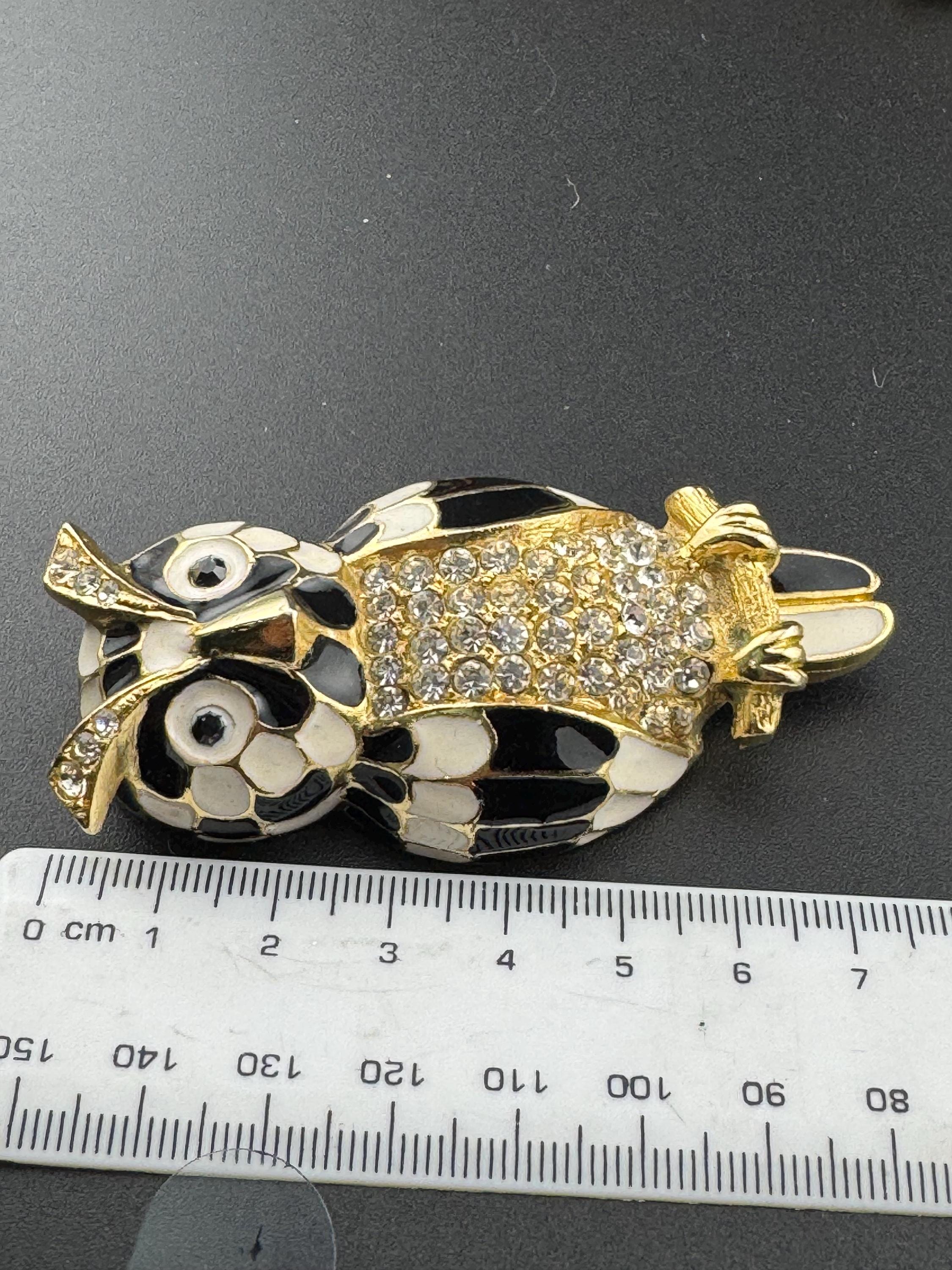 Vintage signed SARDA huge black and white enamel owl diamanté crystal brooch
