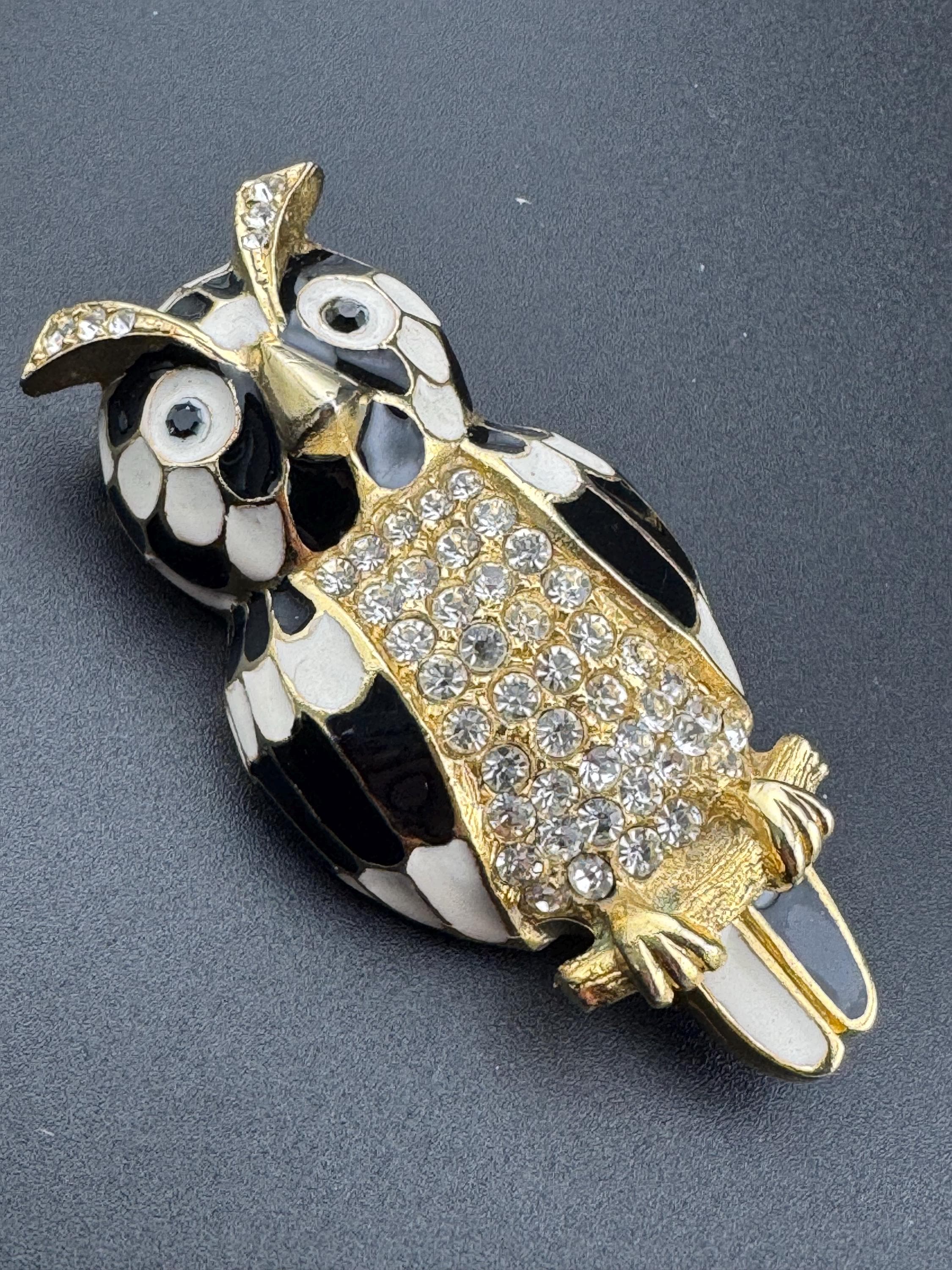 Vintage signed SARDA huge black and white enamel owl diamanté crystal brooch
