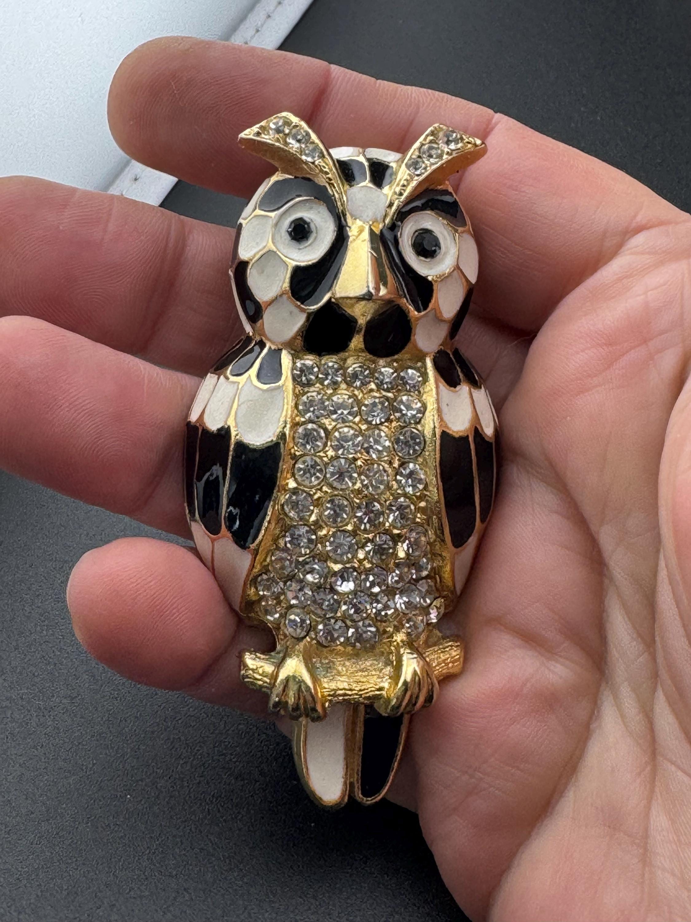 Vintage signed SARDA huge black and white enamel owl diamanté crystal brooch