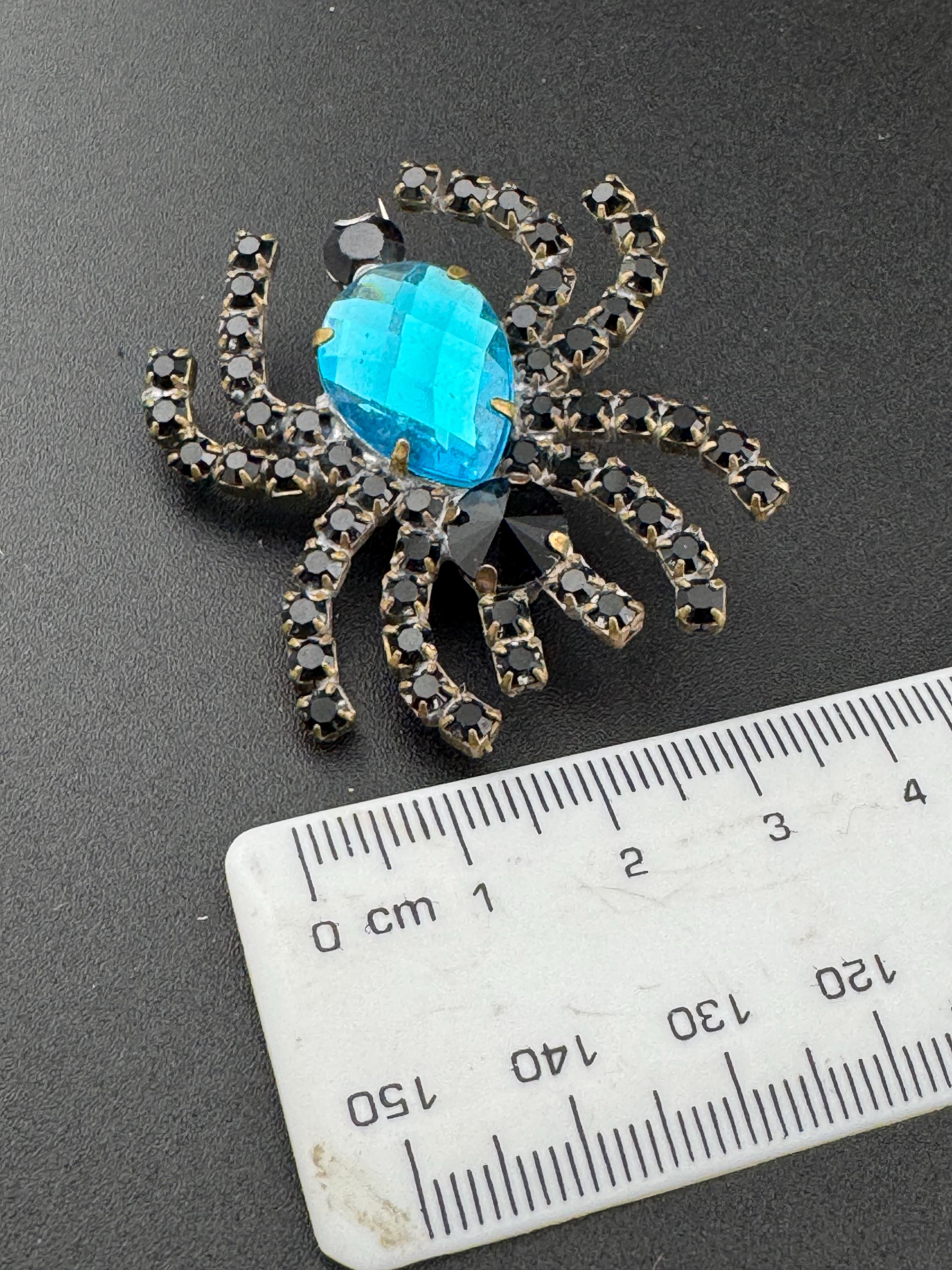 Vintage black and turquoise blue Czech Rhinestone diamanté paste Spider Insect Brooch Glass stones