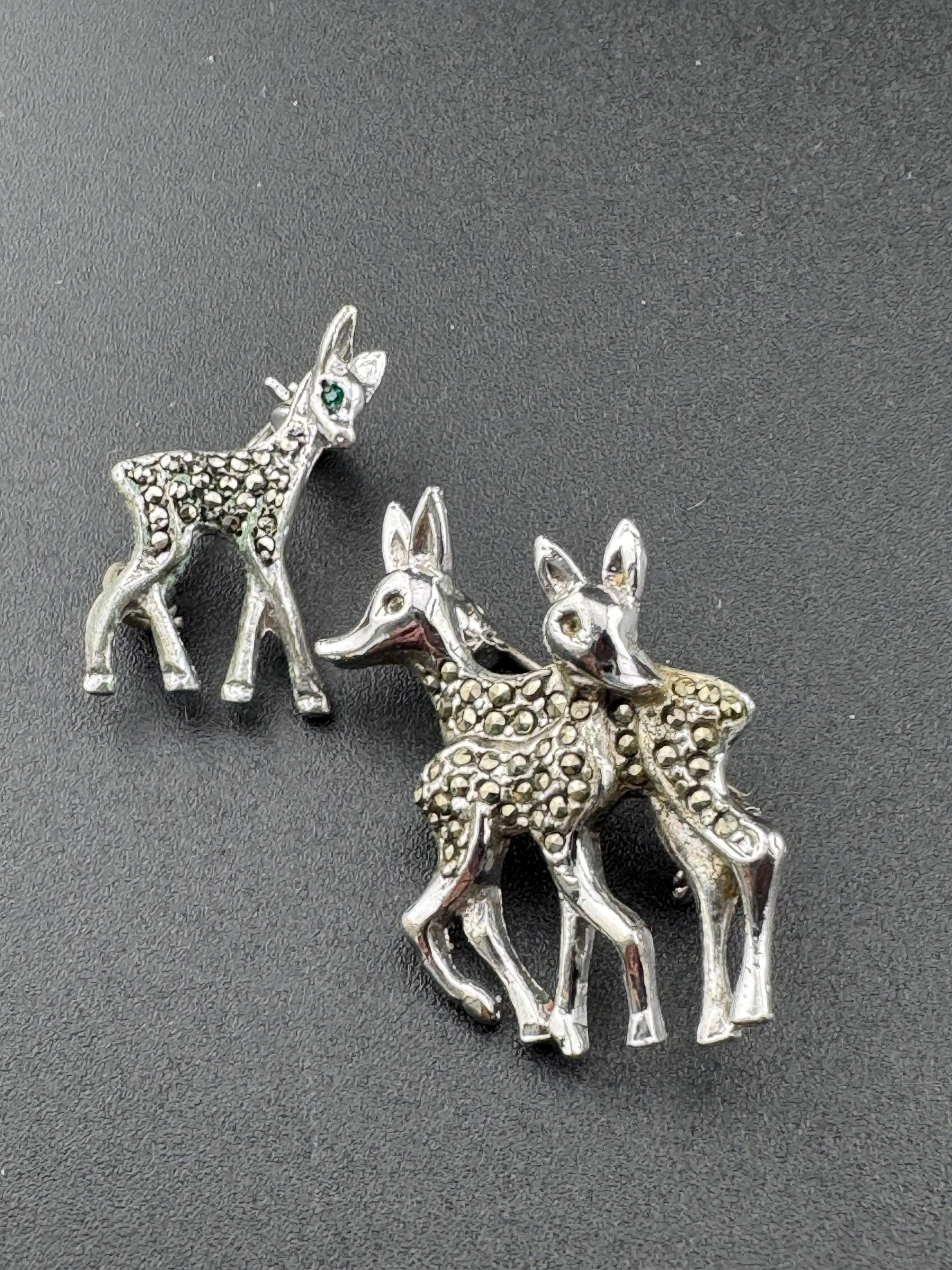 Two silver Marcasite brooches of a family of deers Vintage silver tone mid century