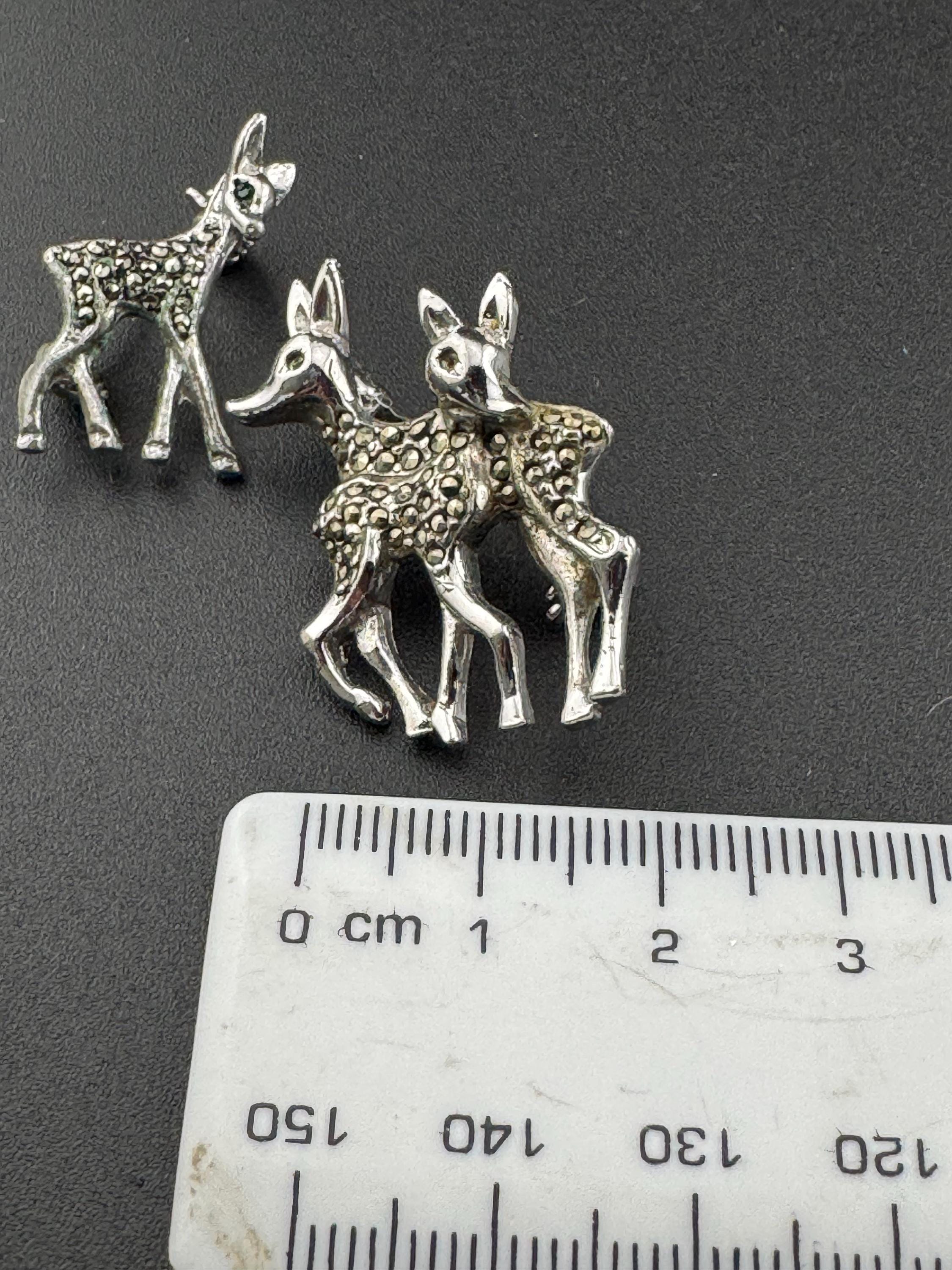 Two silver Marcasite brooches of a family of deers Vintage silver tone mid century