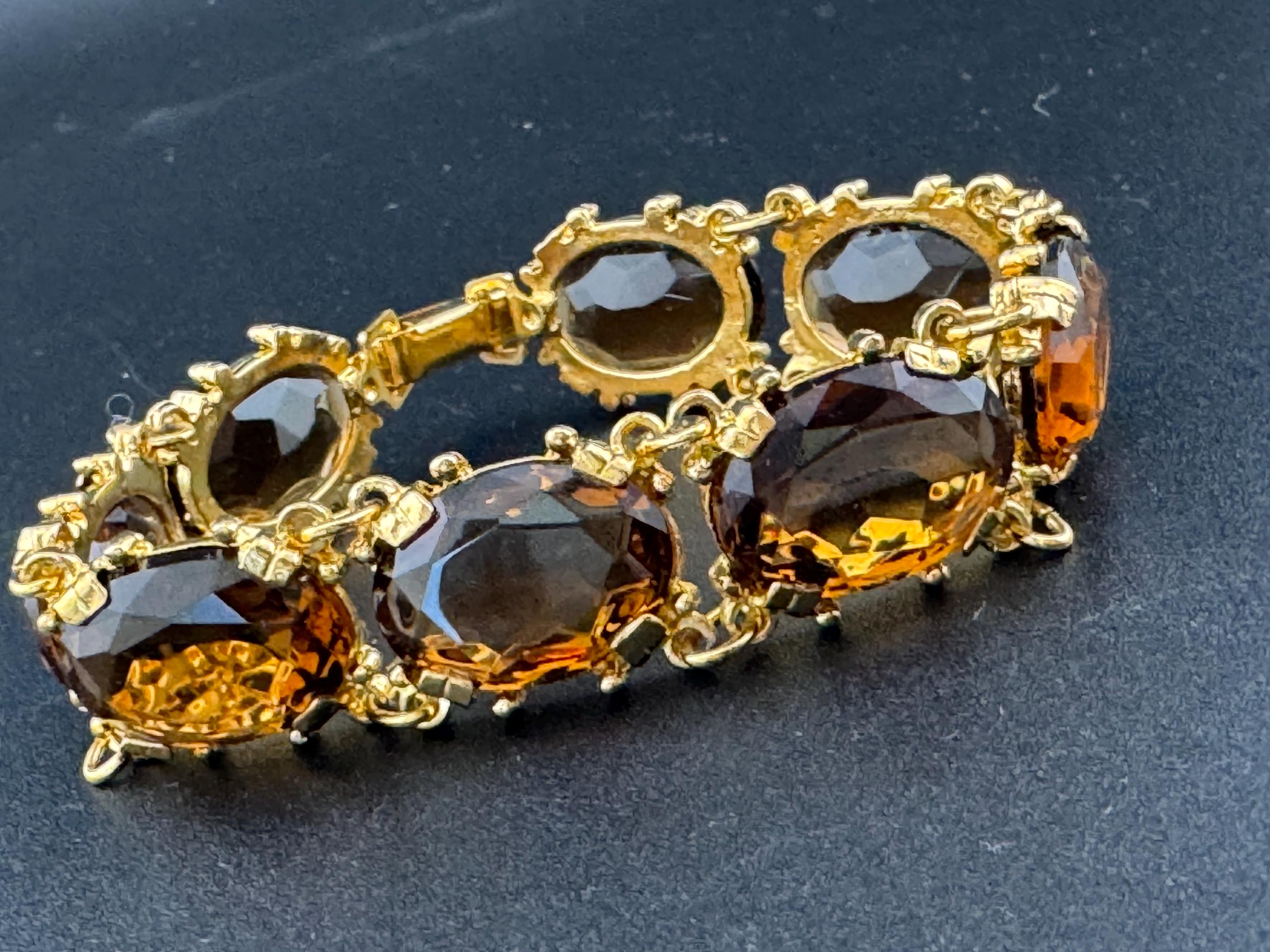 vintage topaz brown cognac Glass Gold Tone cocktail bracelet, vintage old shop stock