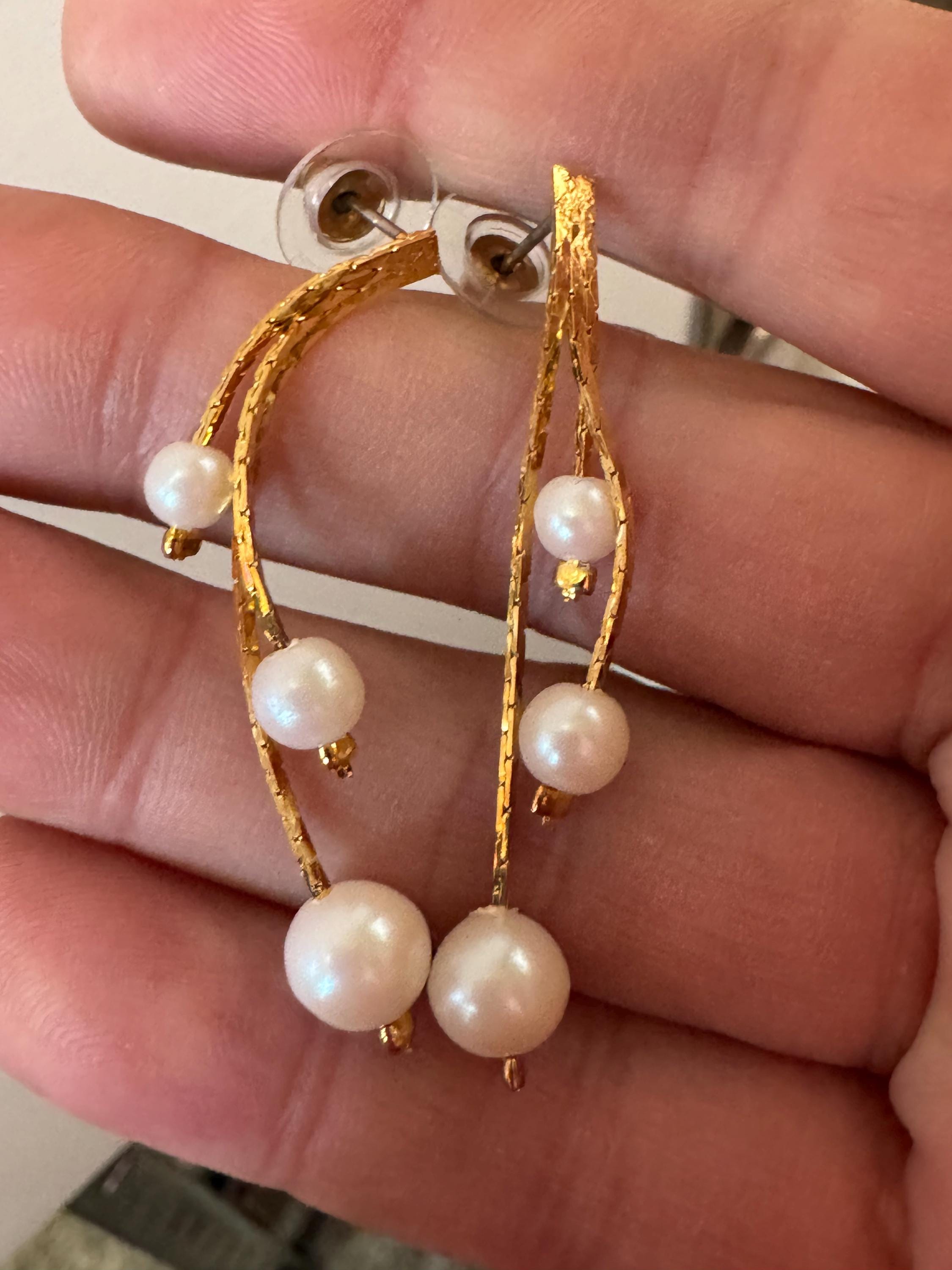 Vintage Gold Plated Faux Pearl Drop Earrings: 1970s Triple Chain