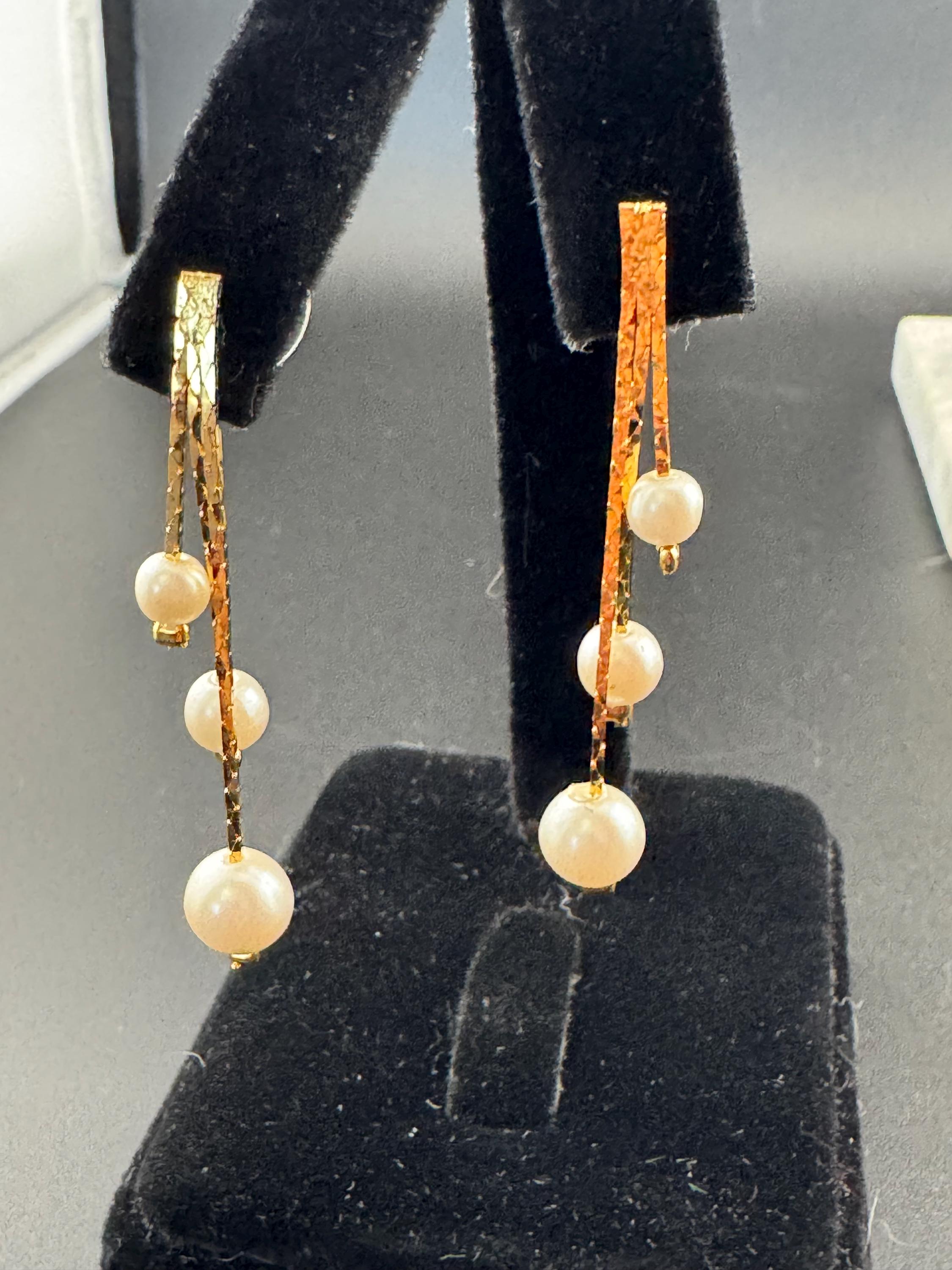 Vintage Gold Plated Faux Pearl Drop Earrings: 1970s Triple Chain