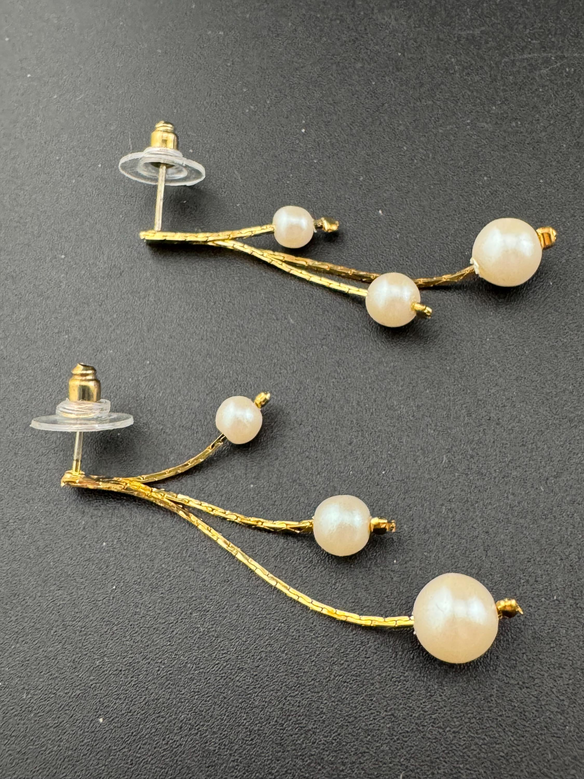 Vintage Gold Plated Faux Pearl Drop Earrings: 1970s Triple Chain