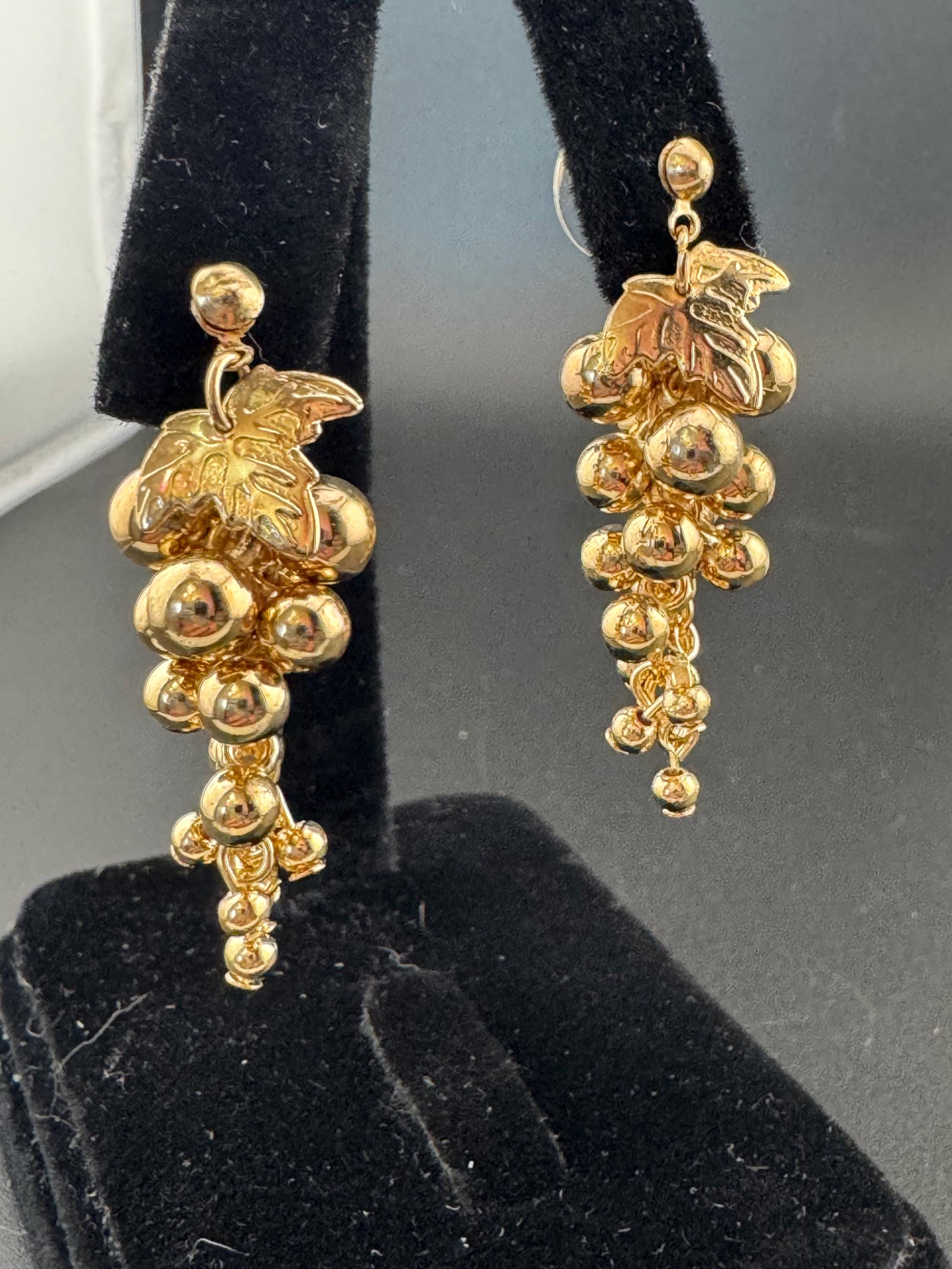 Vintage gold ball bead grape Cluster dangly Earrings for pierced ears 1980s unworn deadstock