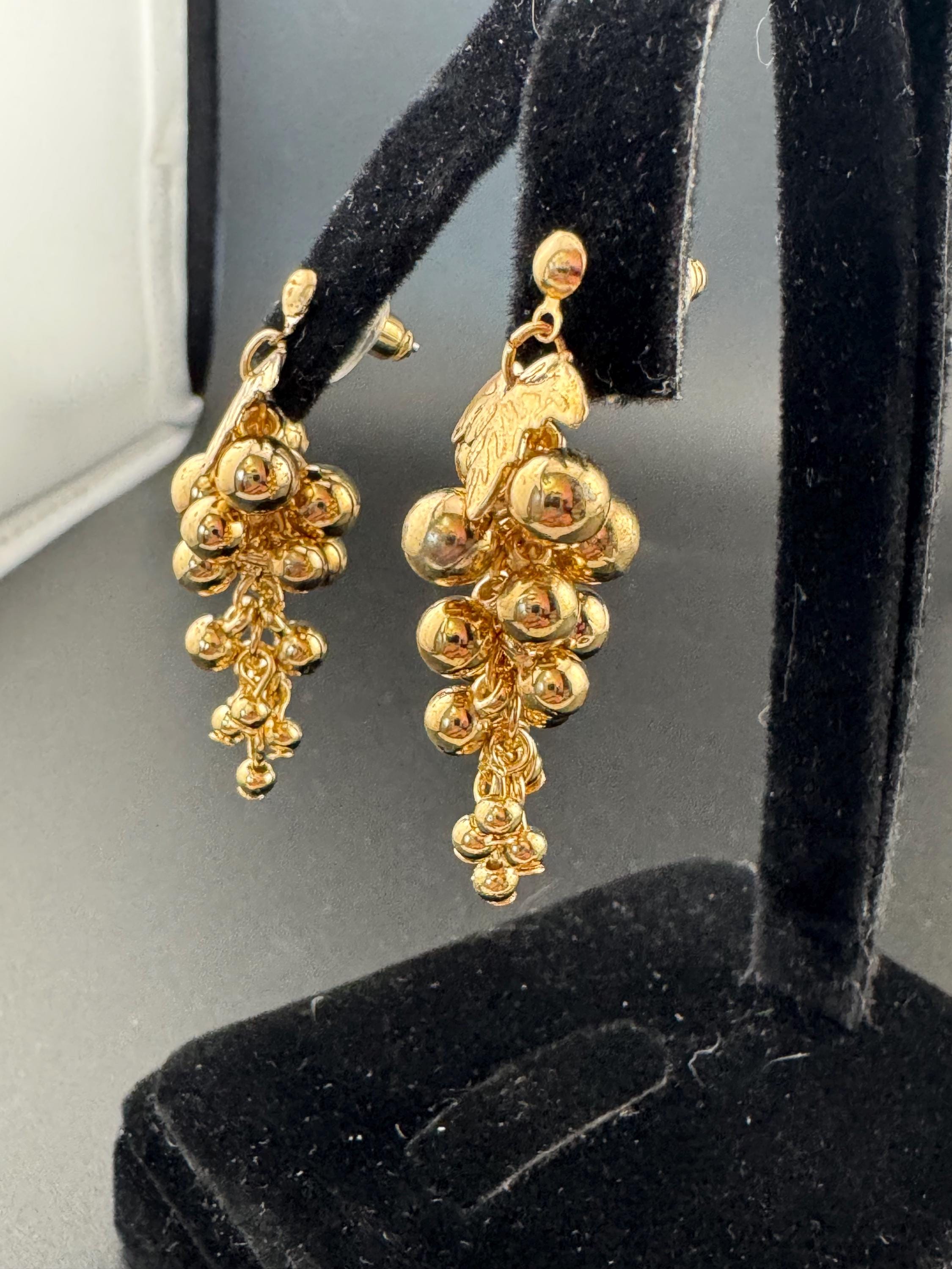 Vintage gold ball bead grape Cluster dangly Earrings for pierced ears 1980s unworn deadstock
