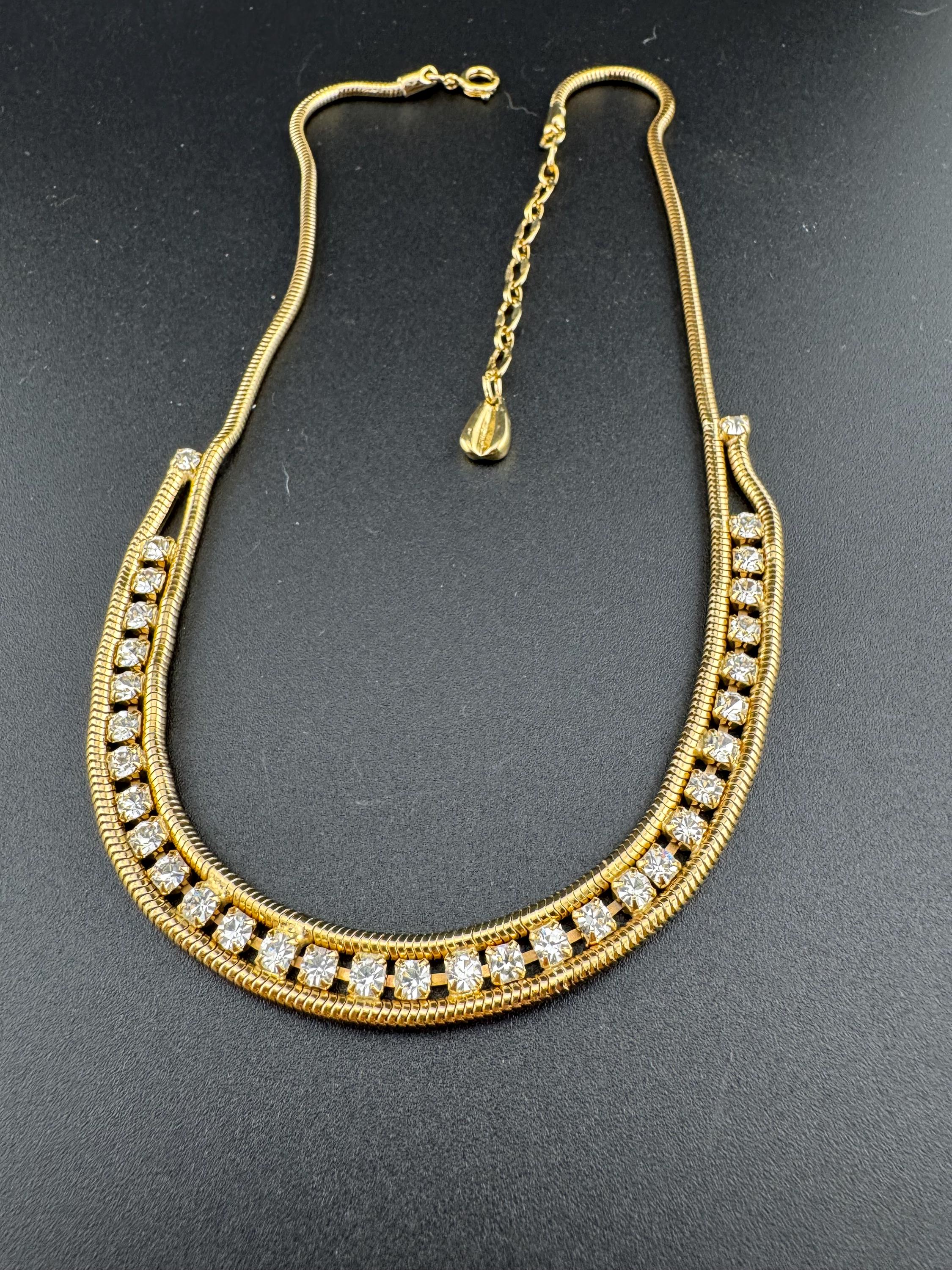 Vintage gold tone Clear glass crystal diamanté modernist snake chain choker necklace