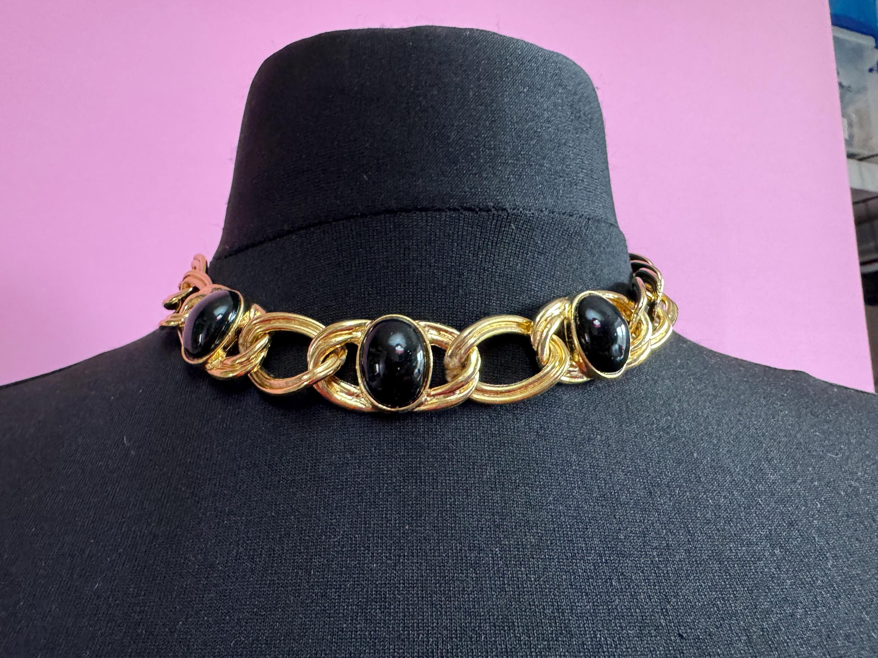 Vintage Gold Tone Curb Chain Choker Necklace with Black Cabochons