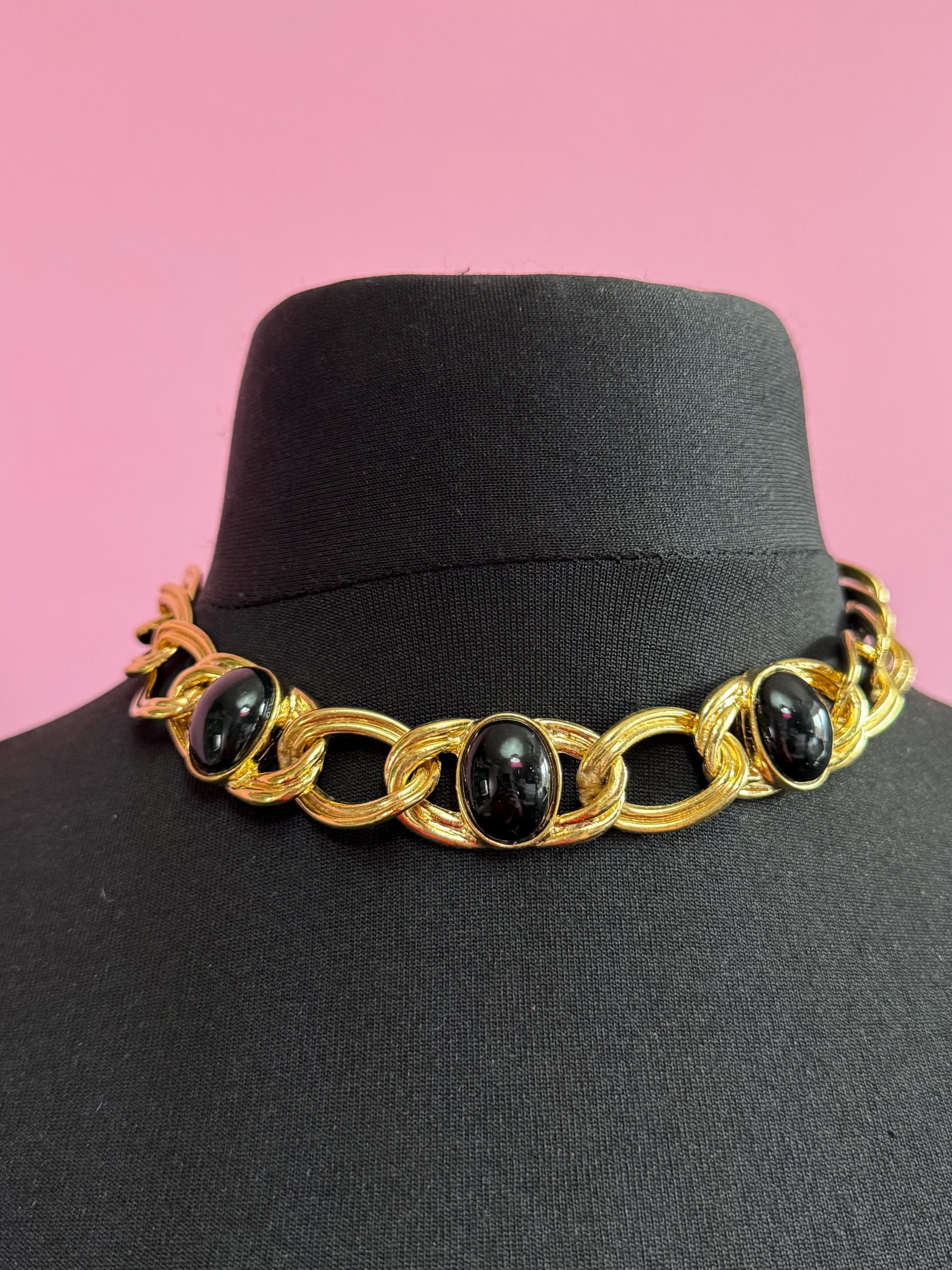 Vintage Gold Tone Curb Chain Choker Necklace with Black Cabochons