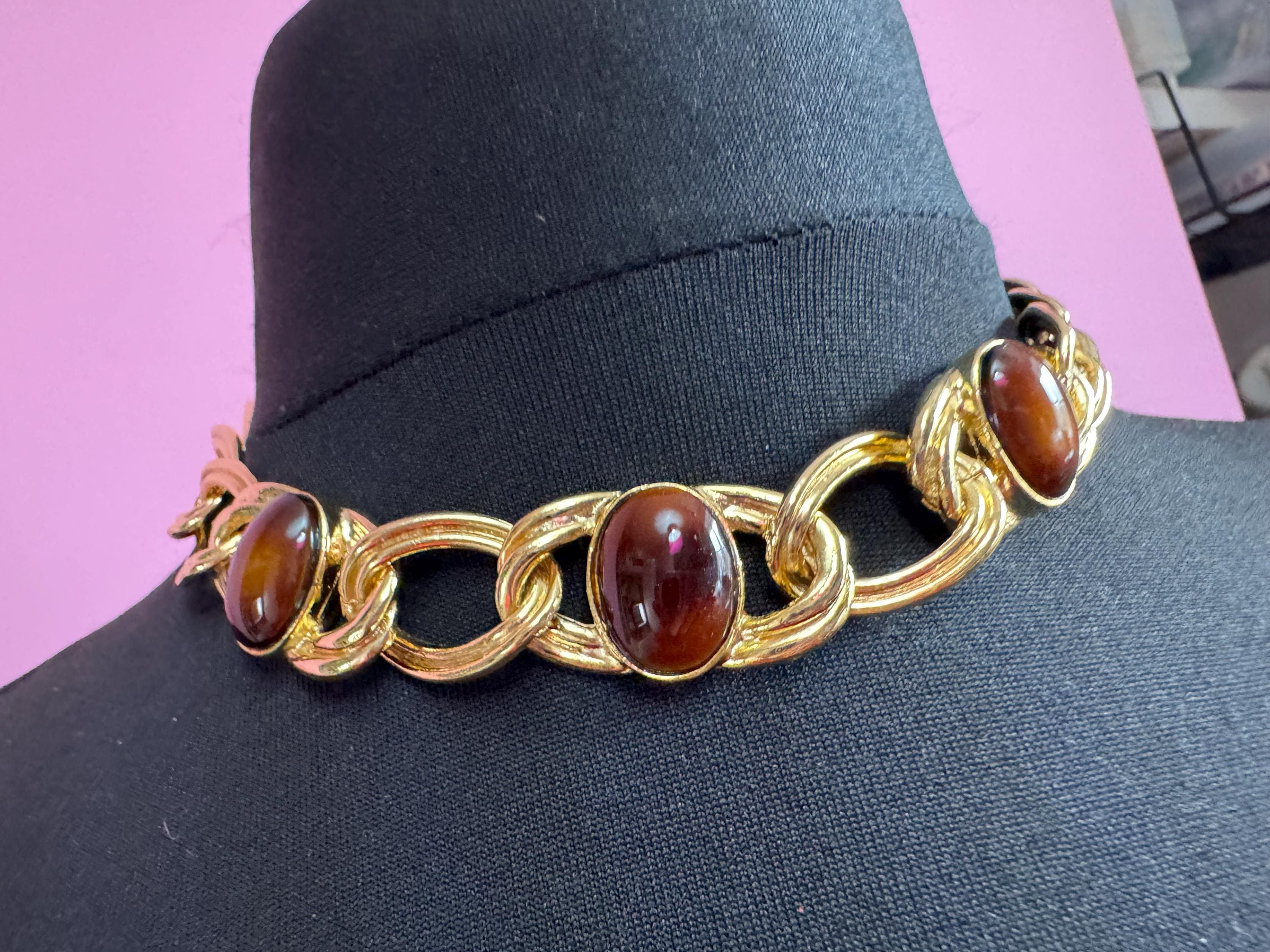 Vintage Gold Tone chunky curb chain link wide Choker necklace with 3 brown oval cabochons 44cm