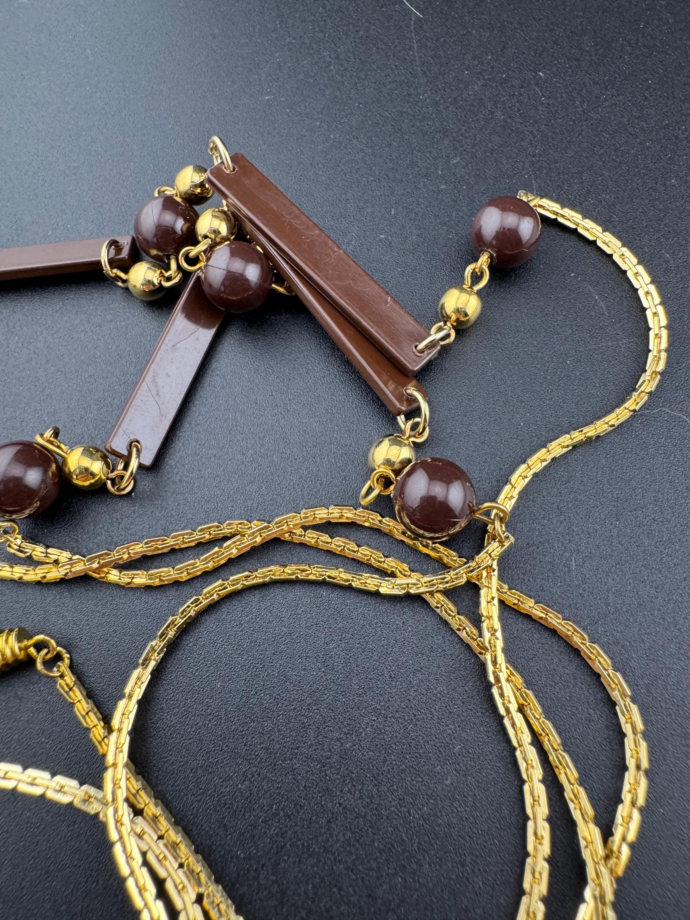 True vintage 105cm long 1980s gold plated chain link brown round and bar beaded station necklace old shop stock