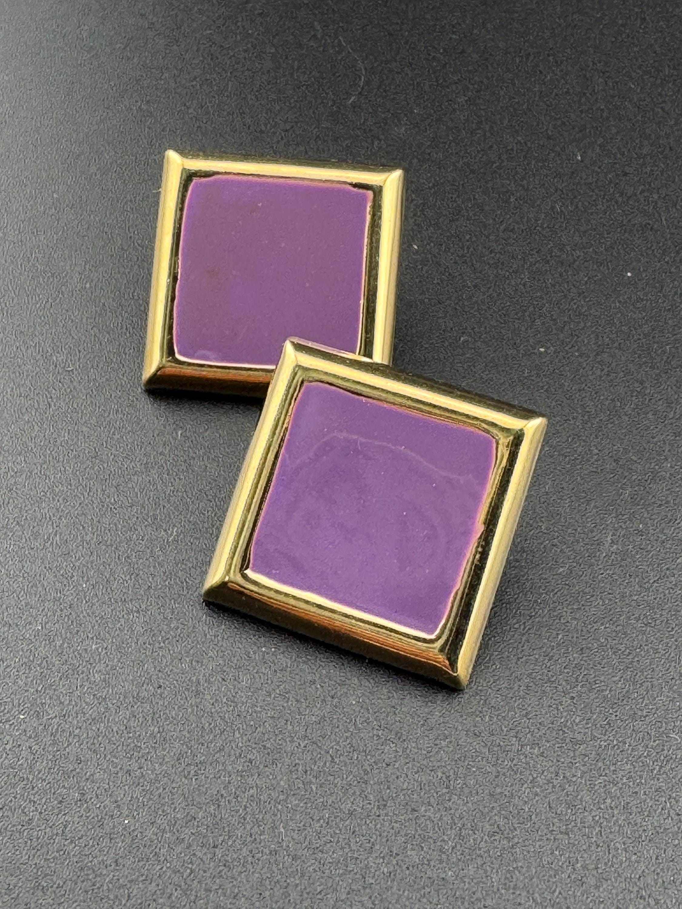 Vintage 80s purple enamel gold tone square big geometric stud earrings for pierced ears unworn