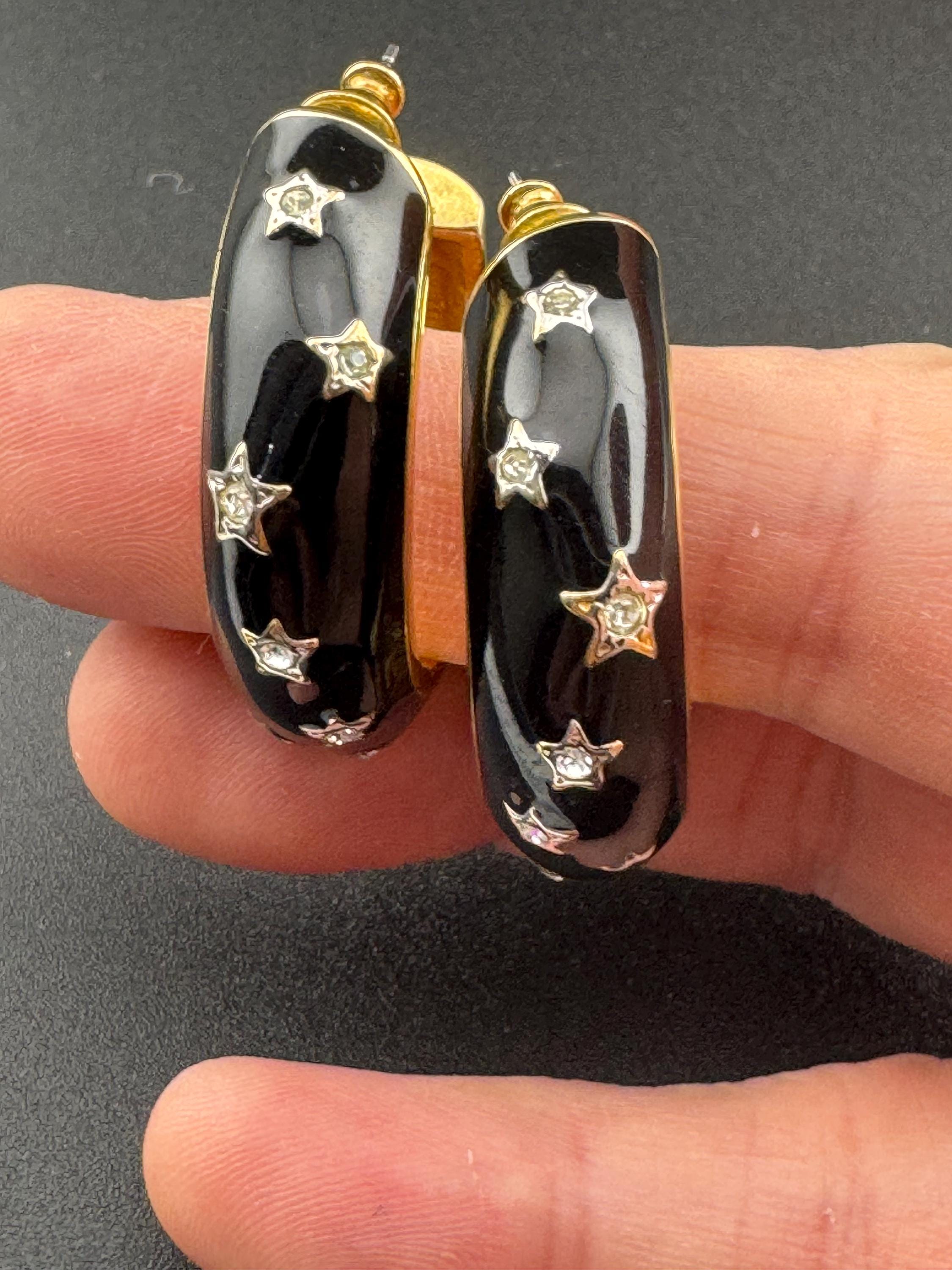 Y2K Black enamel stars with clear diamanté Earrings hoop studs earrings for pierced ears