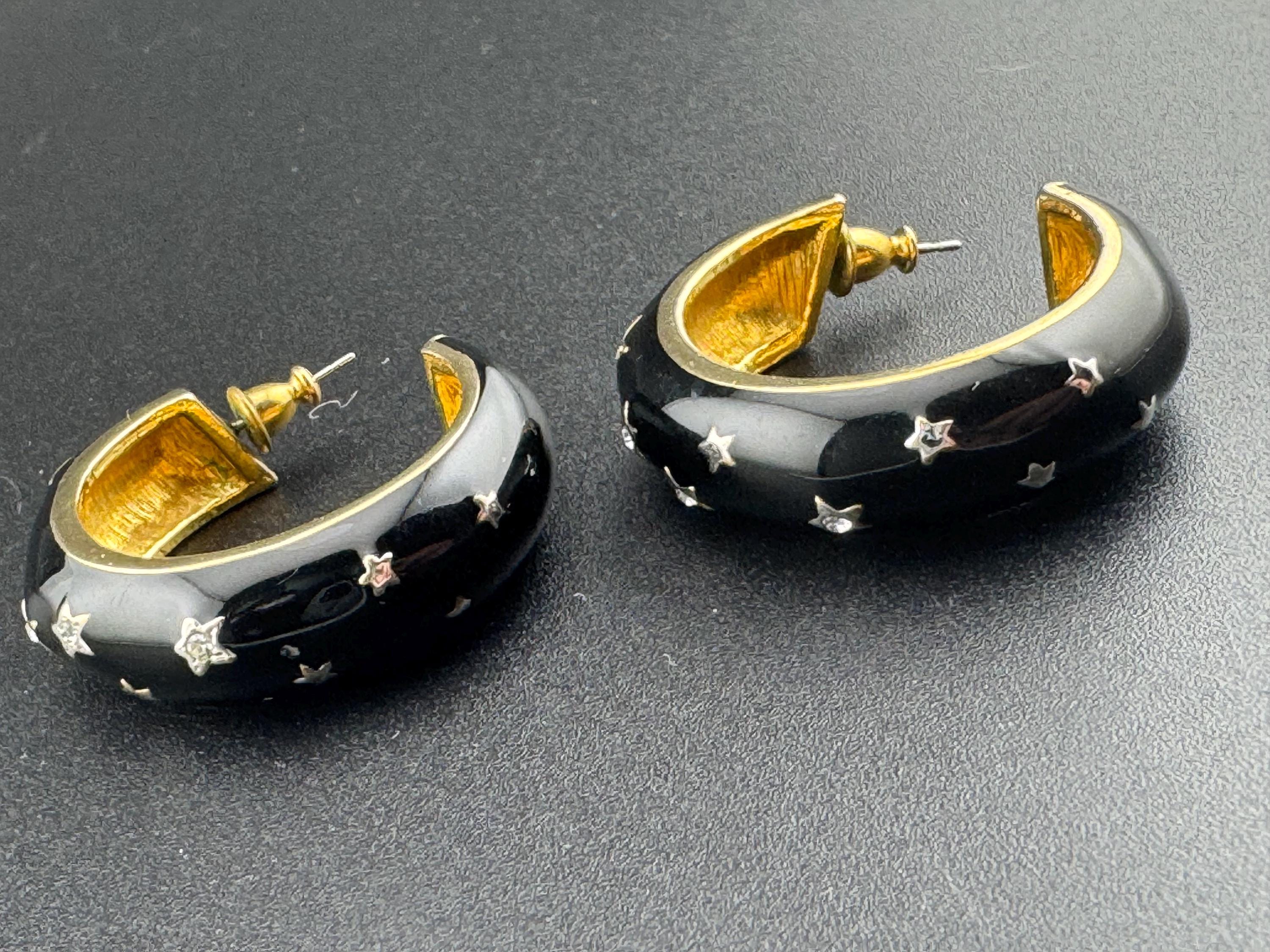 Y2K Black enamel stars with clear diamanté Earrings hoop studs earrings for pierced ears