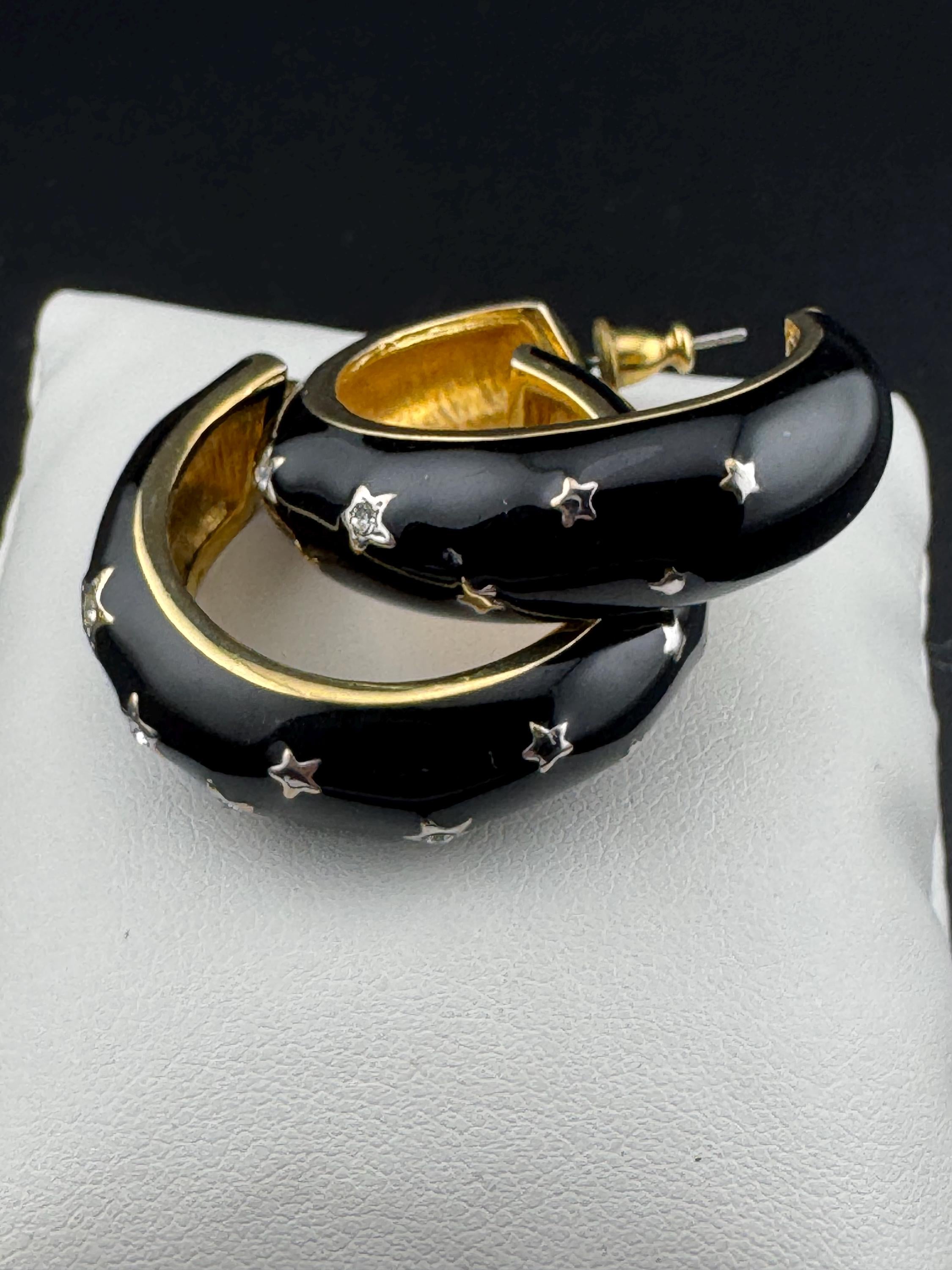 Y2K Black enamel stars with clear diamanté Earrings hoop studs earrings for pierced ears