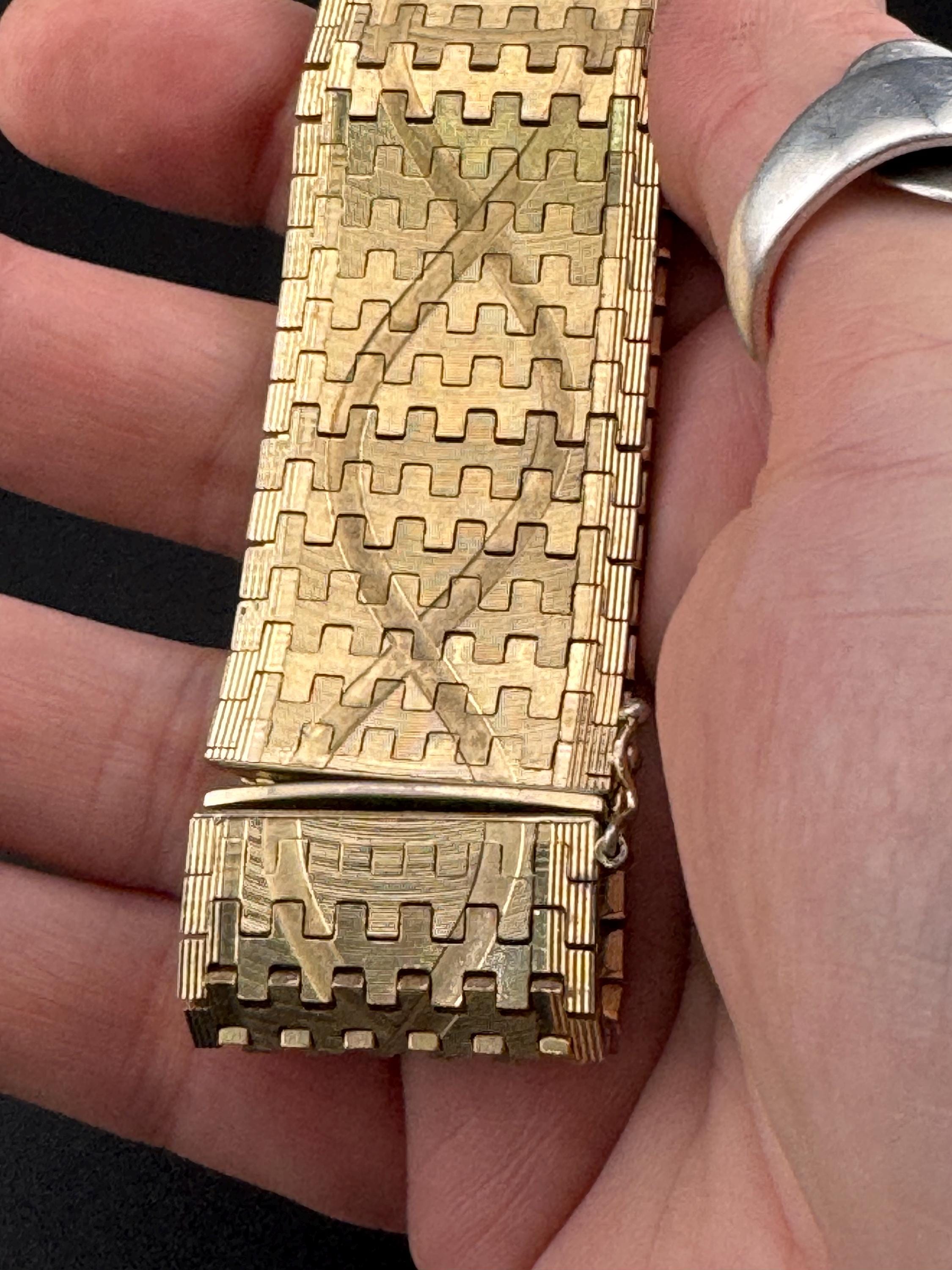 1970s articulated flat stamped Italy plaque gold plated cuff wrap bracelet 18.5cm long x 26mm Italian good condition