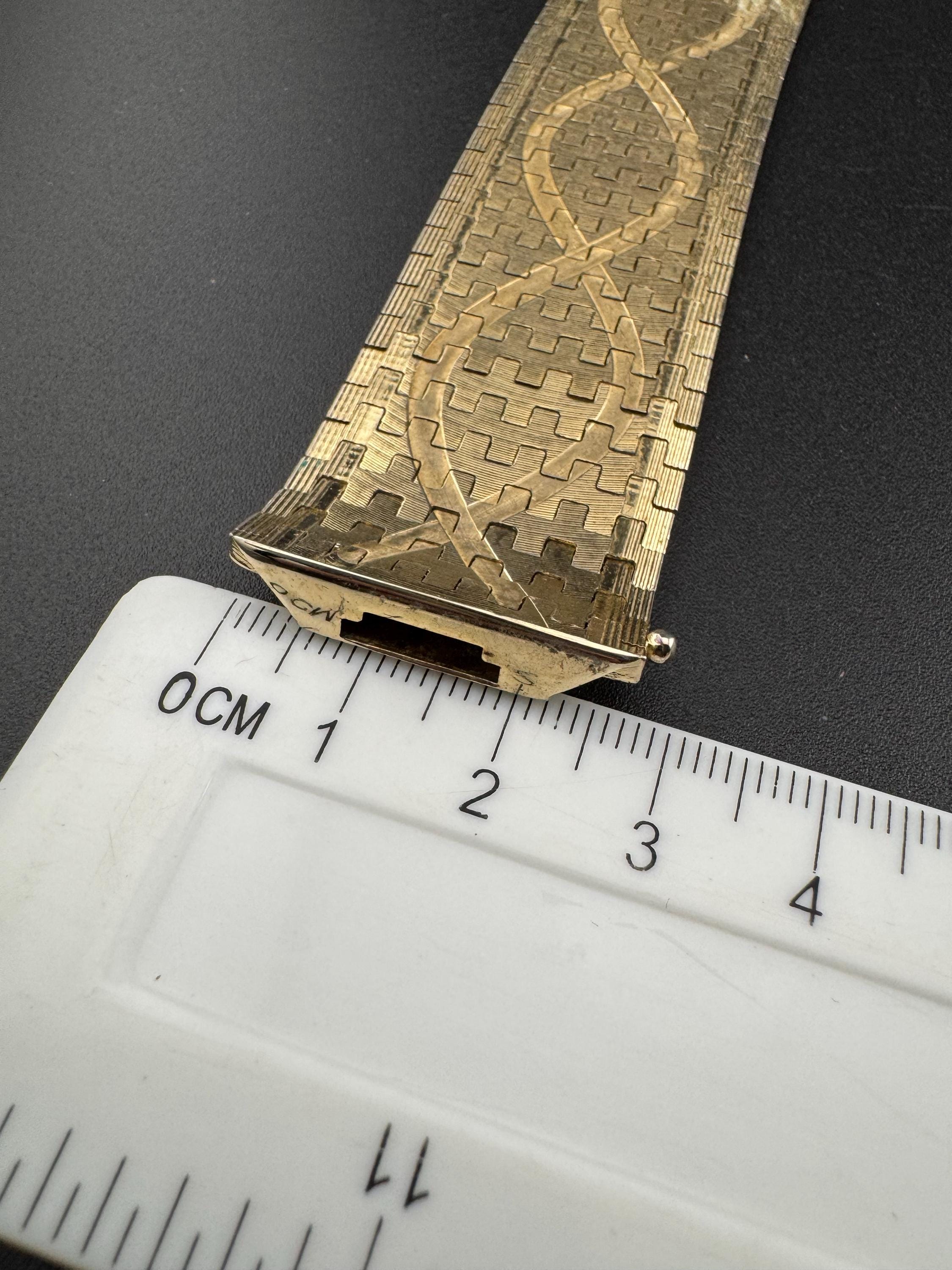 1970s articulated flat stamped Italy plaque gold plated cuff wrap bracelet 18.5cm long x 26mm Italian good condition
