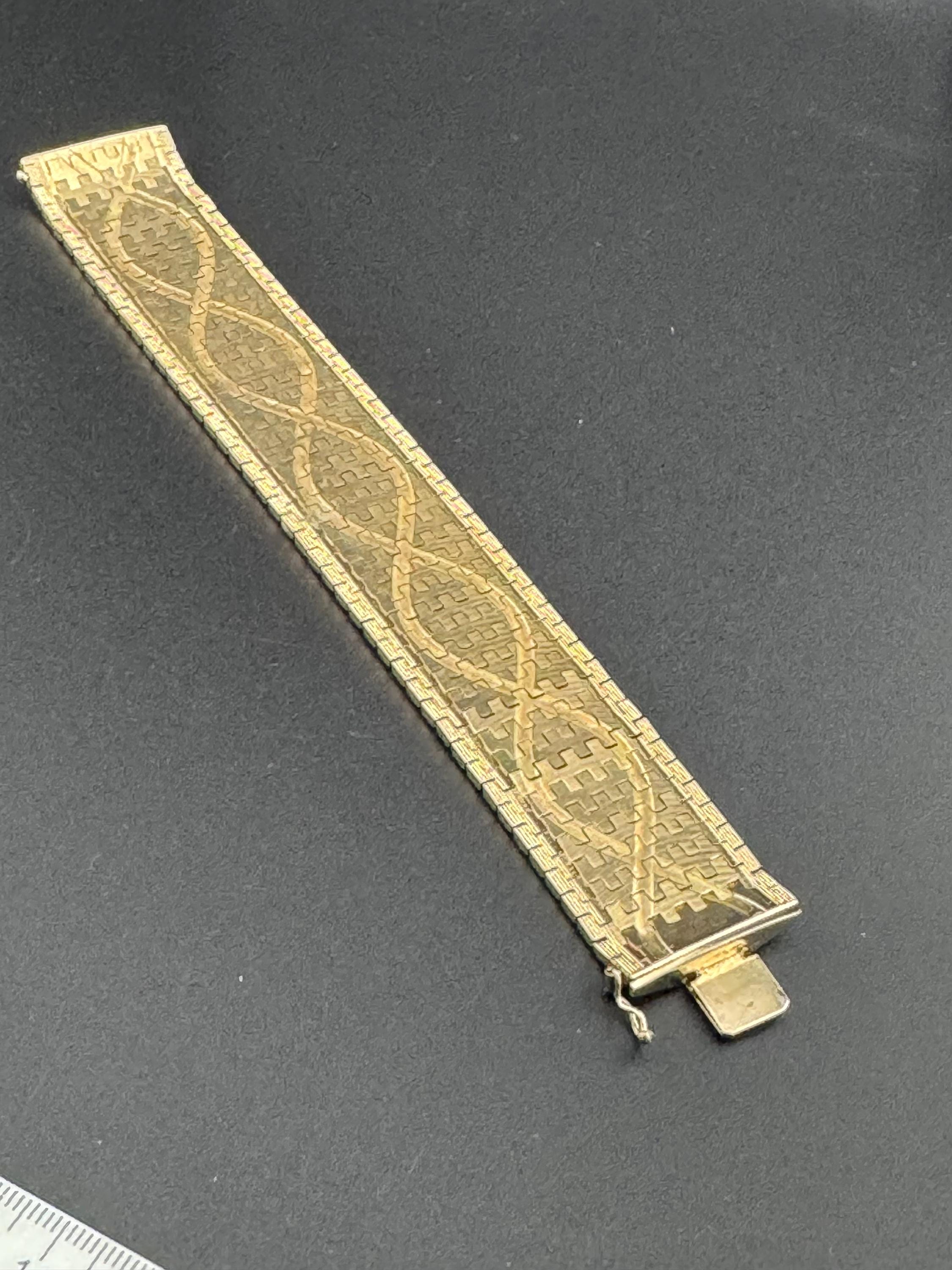 1970s articulated flat stamped Italy plaque gold plated cuff wrap bracelet 18.5cm long x 26mm Italian good condition