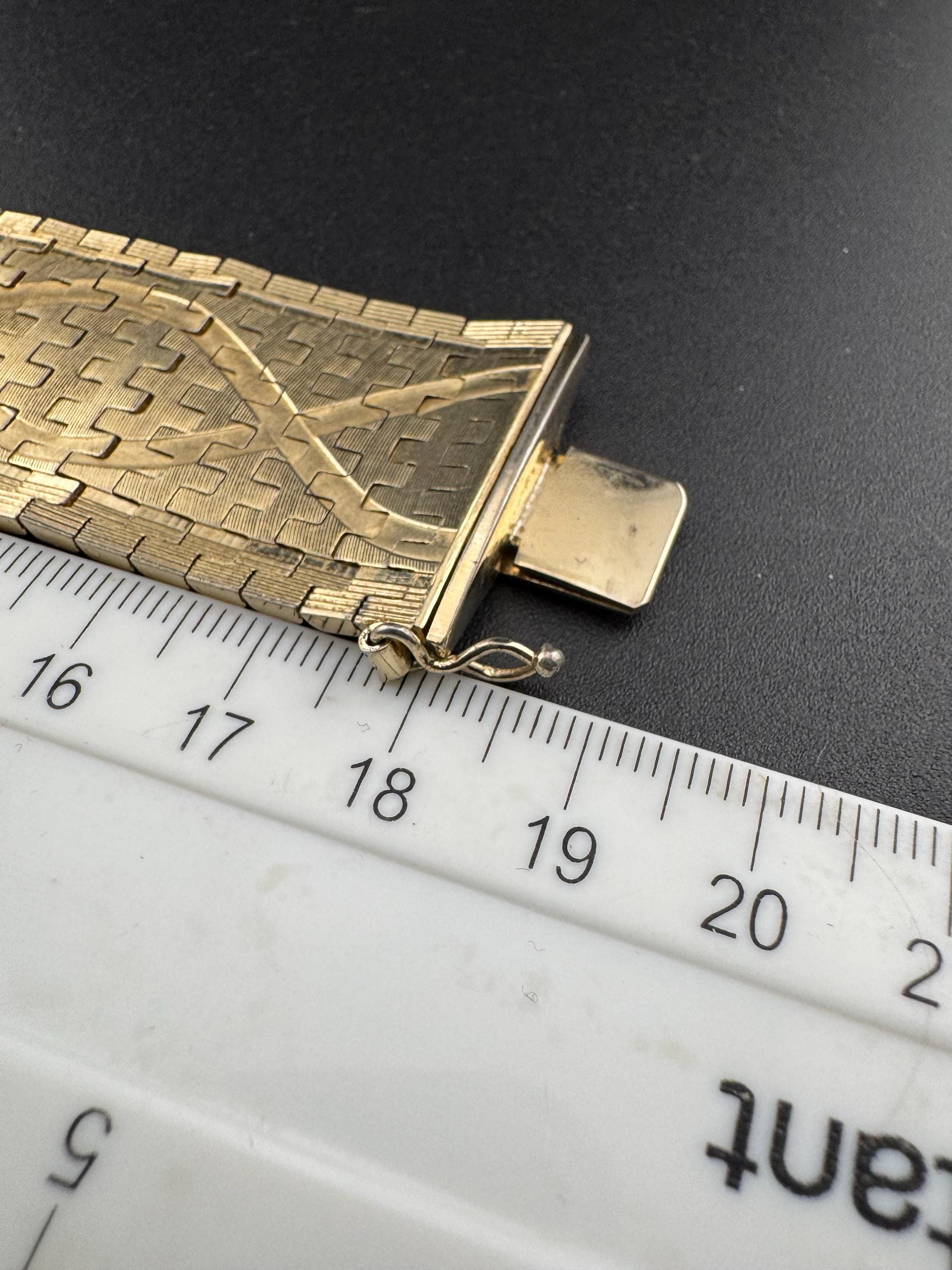 1970s articulated flat stamped Italy plaque gold plated cuff wrap bracelet 18.5cm long x 26mm Italian good condition