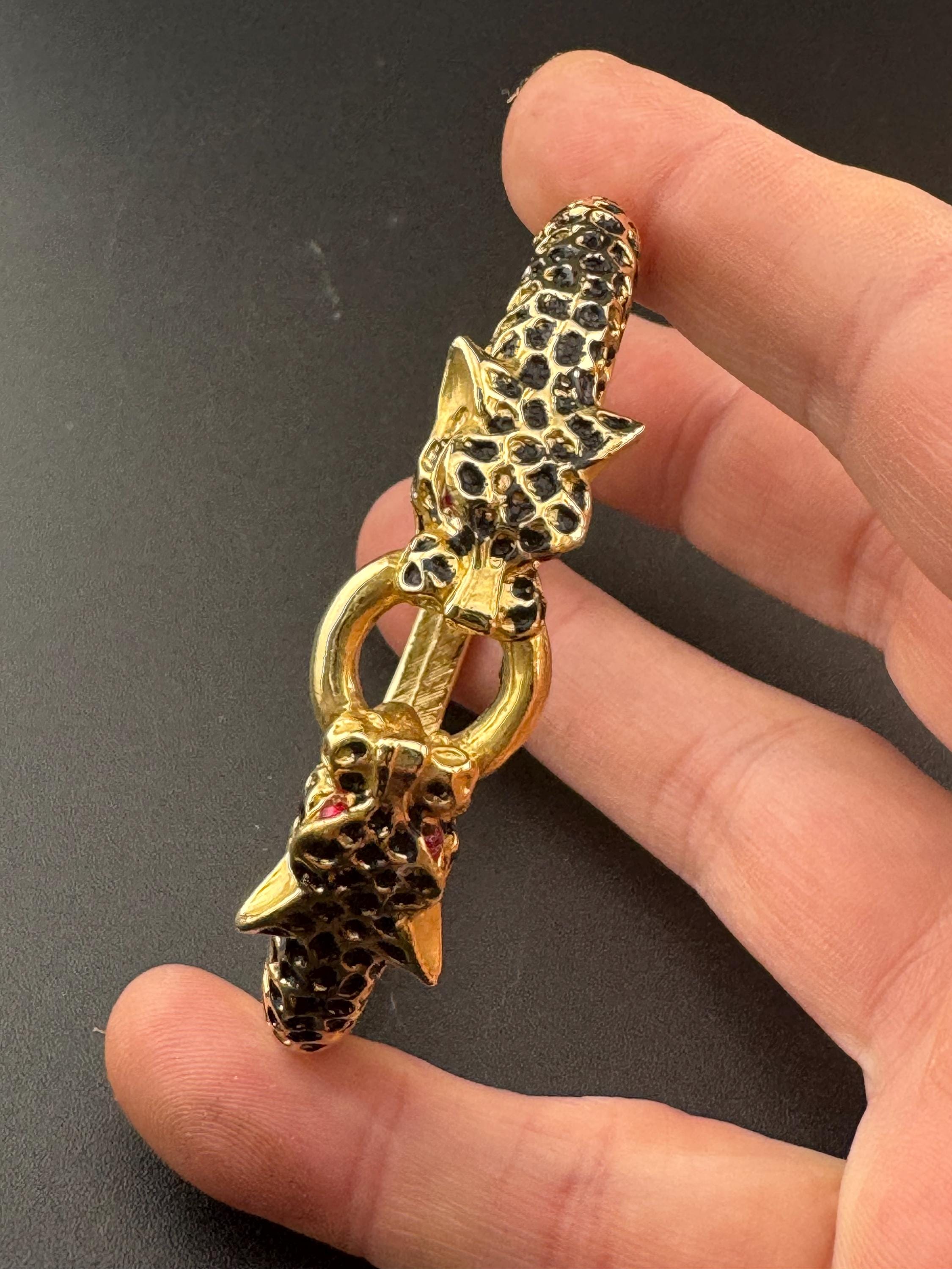 80s BIG CAT diamanté clamper bangle hinged rhinestone crystal bracelet tiger panther gold tone vintage