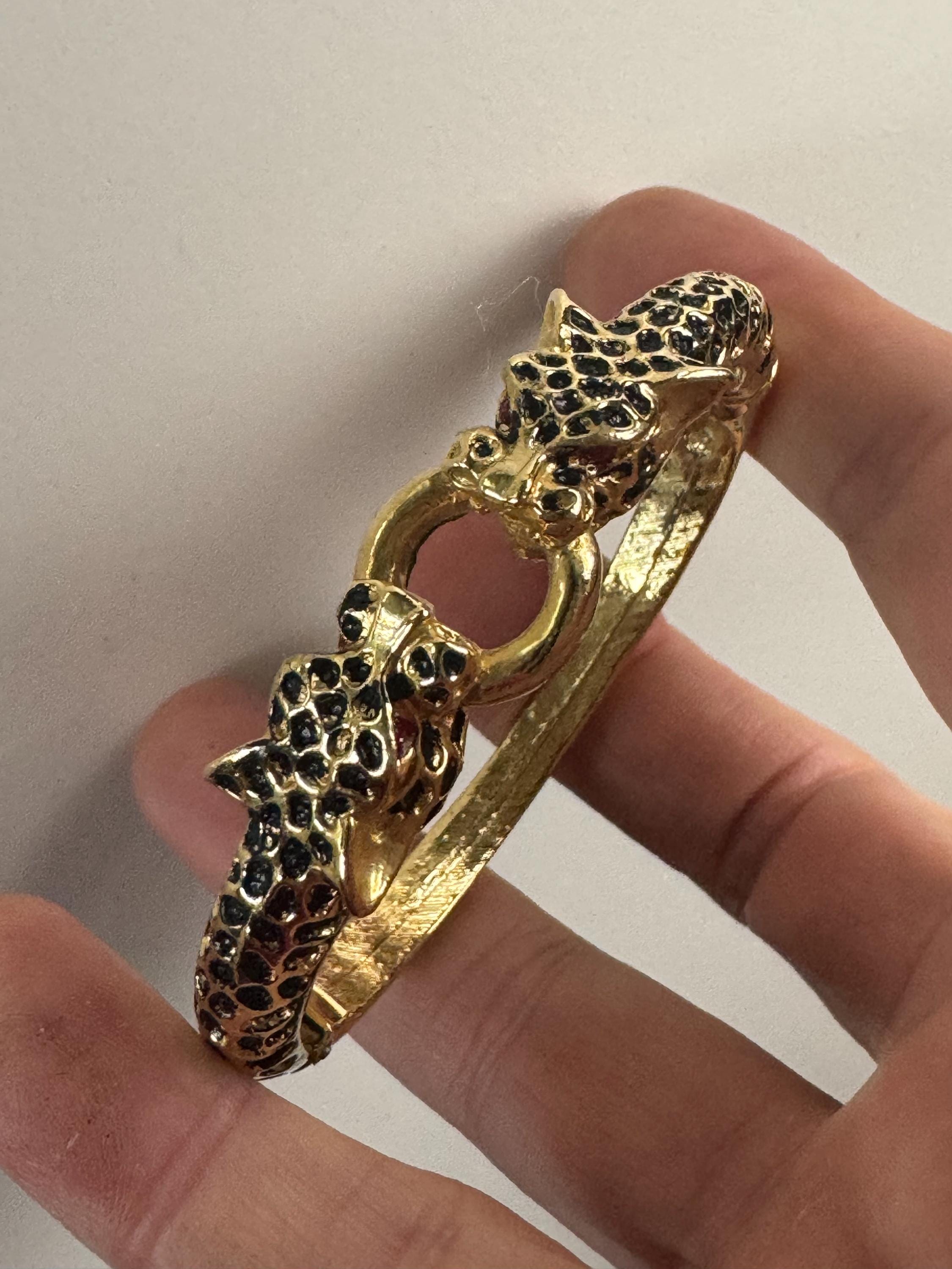 80s BIG CAT diamanté clamper bangle hinged rhinestone crystal bracelet tiger panther gold tone vintage