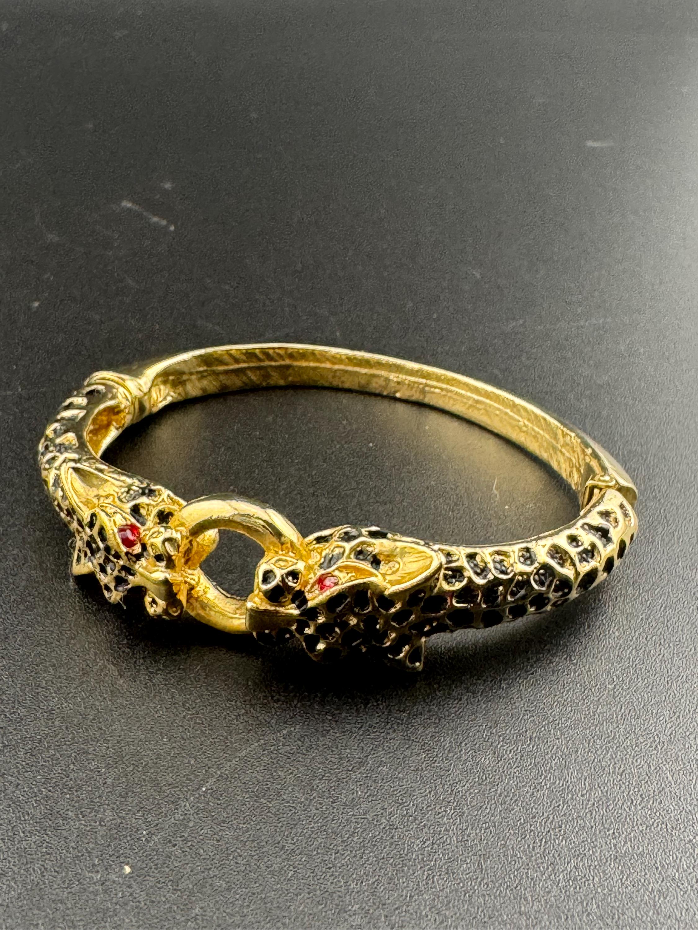 80s BIG CAT diamanté clamper bangle hinged rhinestone crystal bracelet tiger panther gold tone vintage