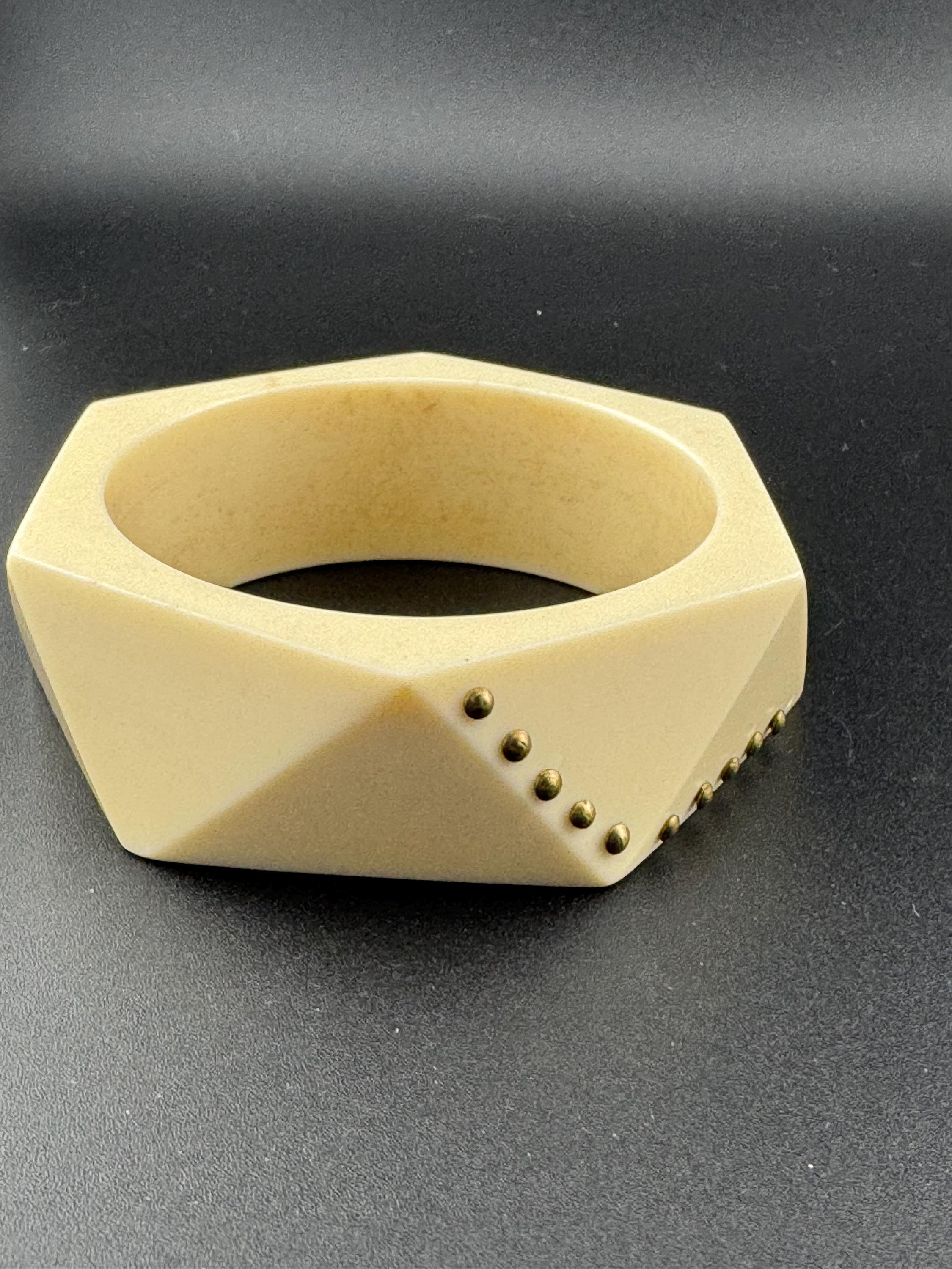As found Art Deco style pique work early cream plastic geometric abstract pinned wide bangle