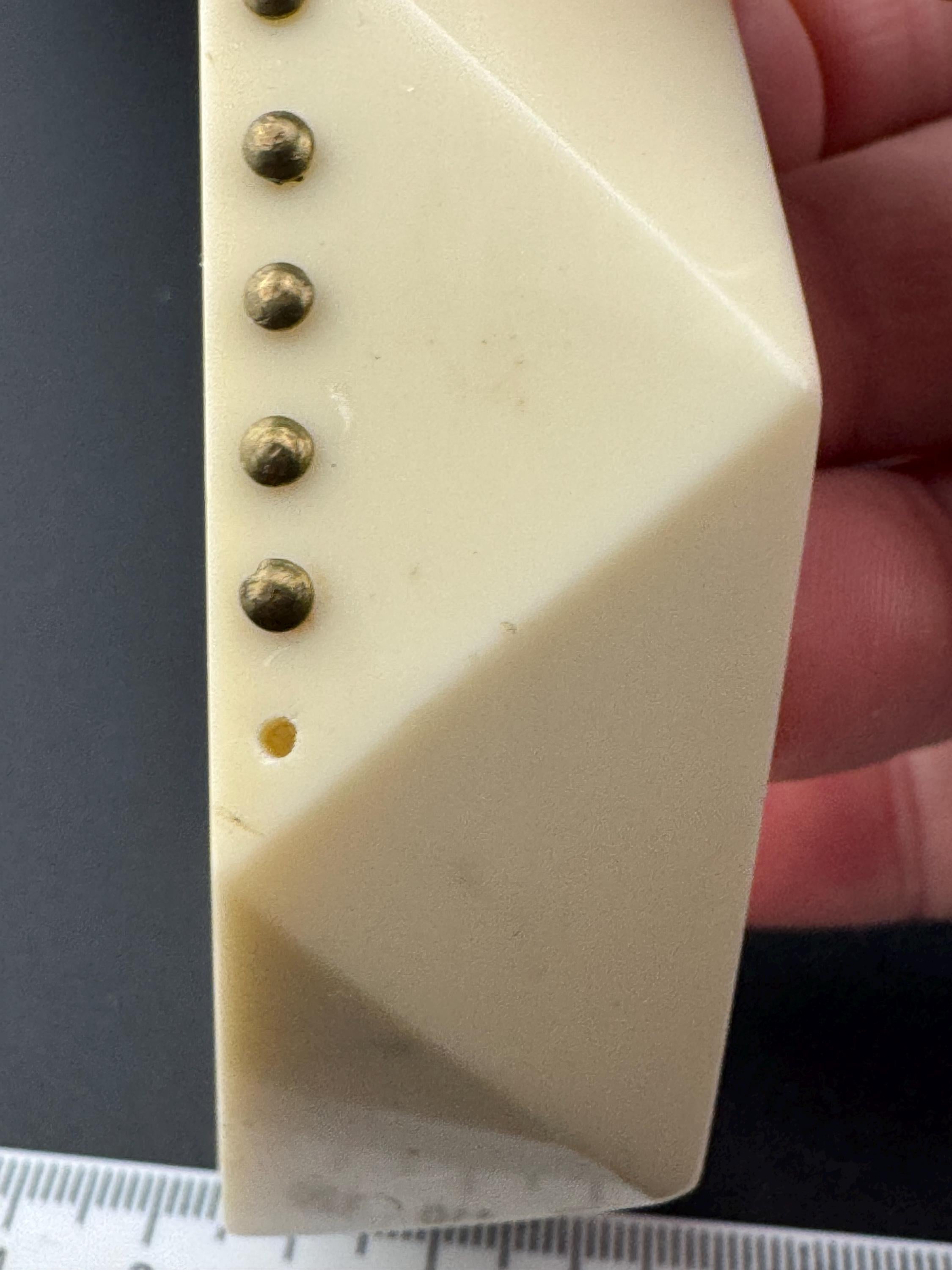 As found Art Deco style pique work early cream plastic geometric abstract pinned wide bangle