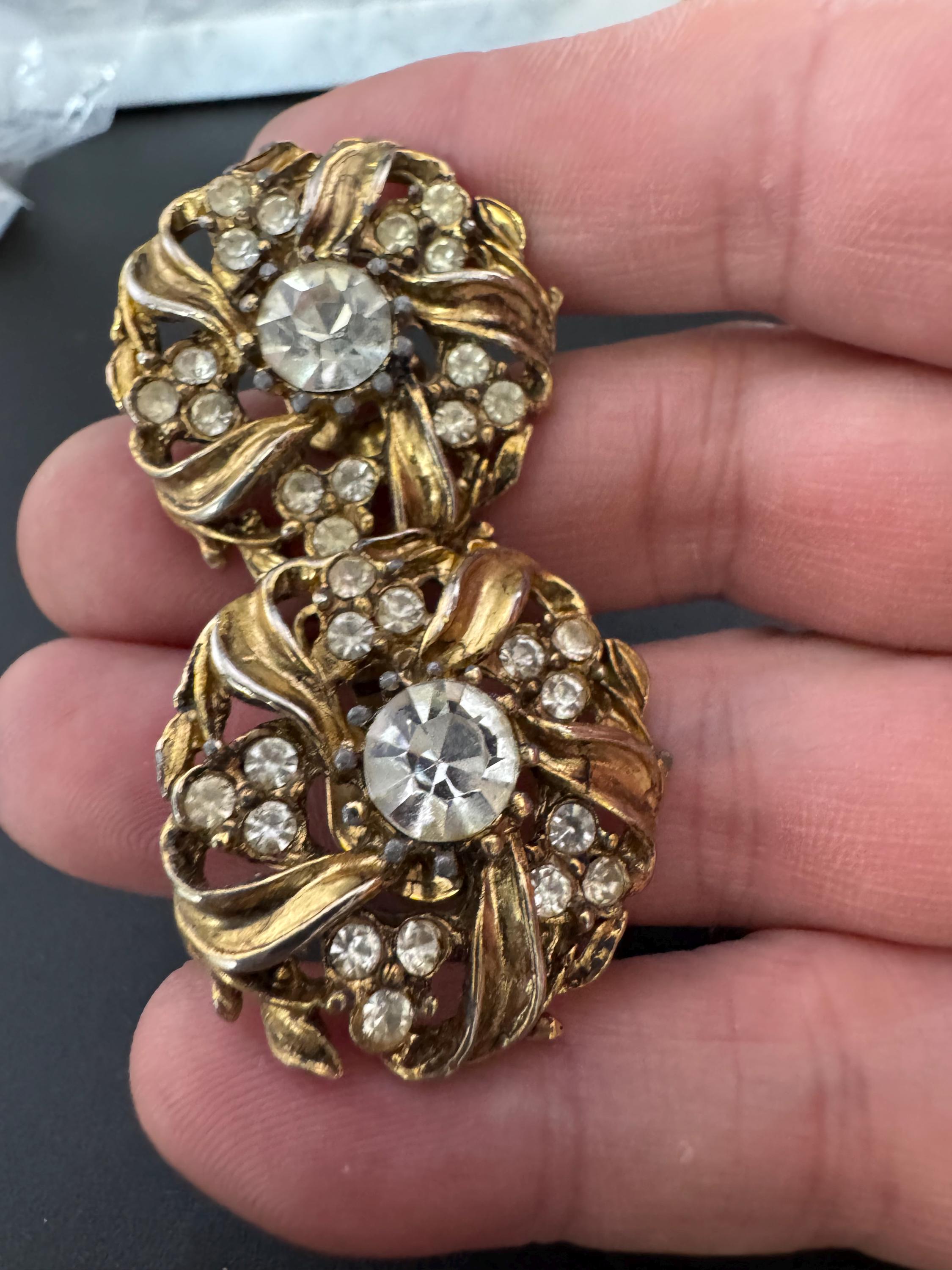 2.75cm antiqued dark gold tone filigree cut out work round diamanté crystal clip on earrings vintage