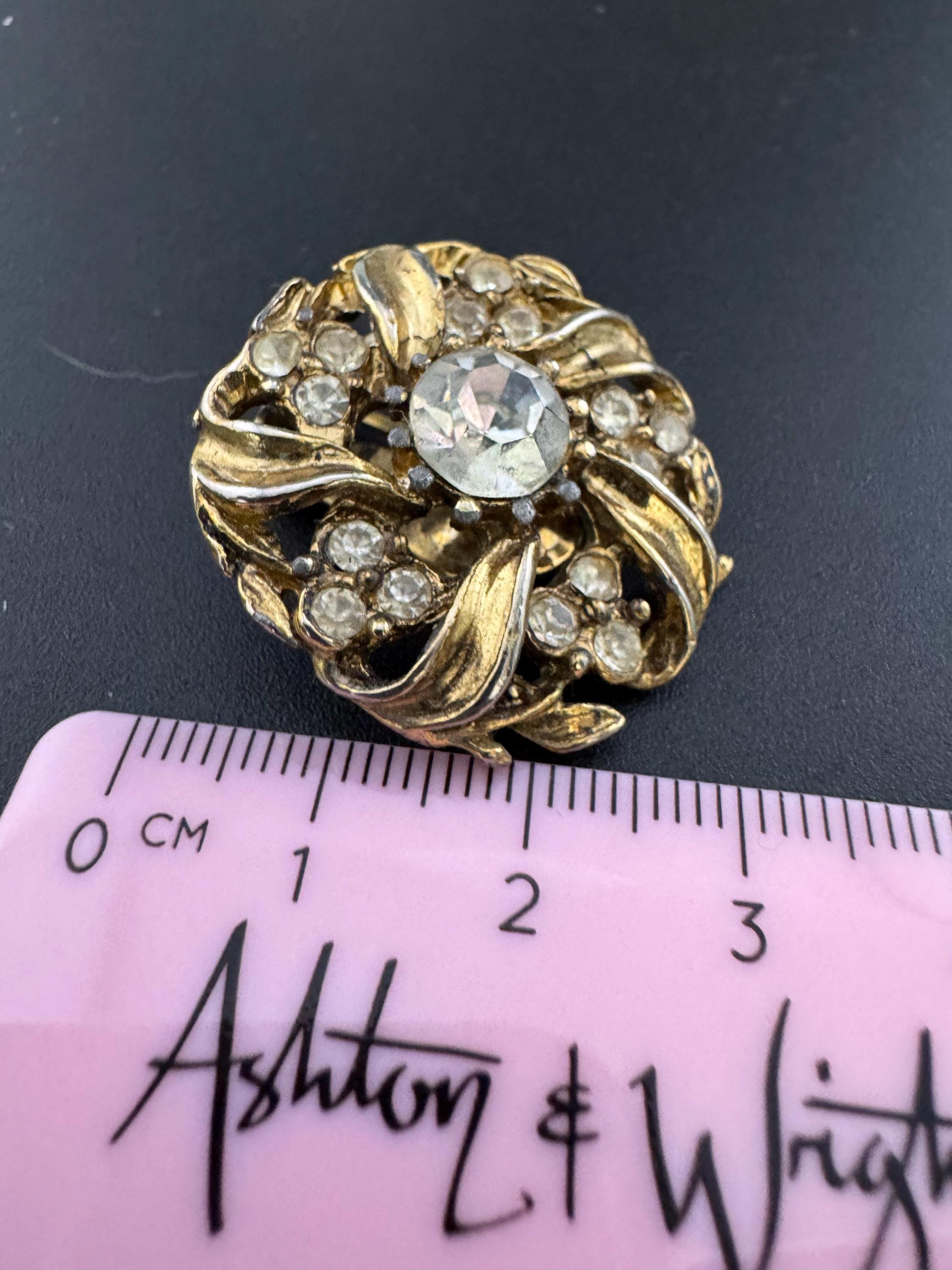 2.75cm antiqued dark gold tone filigree cut out work round diamanté crystal clip on earrings vintage