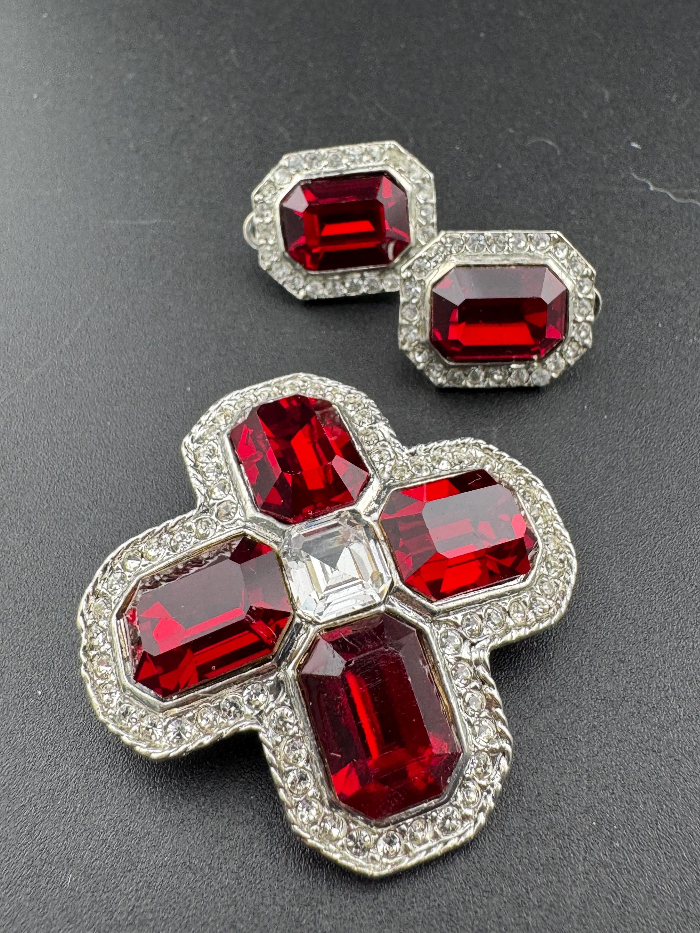 Vintage Swarovski Ruby Red Diamanté Brooch and Clip On Earrings Set